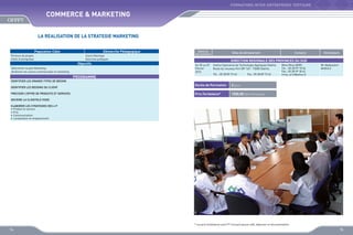 FORMATIONS INTER-ENTREPRISES TERTIAIRE

COMMERCE  MARKETING
LA REALISATION DE LA STRATEGIE MARKETING
Population Cible
Porteurs de projets
Chefs d’entreprises

Démarche Pédagogique
Cours théorique
Exercices pratiques

Objectifs
Déterminer le plan Marketing
Améliorer les actions commerciales et marketing

PROGRAMME

Dates de
déroulement

Sites de déroulement

Contacts

Animateurs

DIRECTION REGIONALE DES PROVINCES DU SUD
Du 05 au 07
Février
2013

Institut Spécialisé de Technologie Appliquée Dakhla
Route du nouveau Port BP 169 - 73000 Dakhla
Tél. : 05 28 89 73 43

Fax : 05 28 89 73 43

Mme Mina ARIRI
Tél. : 05 28 99 18 34
Fax : 05 28 99 18 42
mina_ariri@yahoo.fr

Mr Abdesslem
GHOUIJI

IDENTIFIER LES GRANDS TYPES DE BESOIN
IDENTIFIER LES BESOINS DU CLIENT
PRECISER L’OFFRE DE PRODUITS ET SERVICES

Durée de Formation

3 jours

Prix Forfaitaire*

1500,00 DHS /Participant

DECRIRE LA CLIENTELE VISEE
ELABORER LES STRATEGIES DES 4 P
•	 Produit et service
•	 Prix
•	 Communication
•	 Localisation et emplacement

* Les prix forfaitaires sont HT incluant pause café, déjeuner et documentation

74

75

 