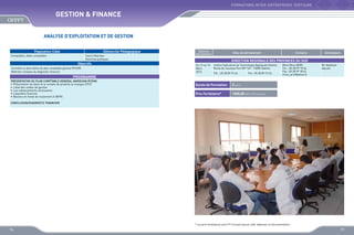 FORMATIONS INTER-ENTREPRISES TERTIAIRE

GESTION  FINANCE
ANALYSE D’EXPLOITATION ET DE GESTION
Population Cible

Démarche Pédagogique

Comptables, Aides comptables

Cours théorique
Exercices pratiques

Objectifs
Connaître la description du plan comptable général (PCGM)
Maîtriser l’analyse du diagnostic financier

PROGRAMME
PRESENTATION DU plan comptable gEnEral marocain (PCGM)
•	 Présentation du bilan et le compte de produits et charges (CPC)
•	 L’état des soldes de gestion
•	 Les redressements nécessaires
•	 L’équilibre financier
•	 Besoins en fonds de roulement et (BFR)

Dates de
déroulement

Sites de déroulement

Contacts

Animateurs

DIRECTION REGIONALE DES PROVINCES DU SUD
Du 12 au 14
Mars
2013

Institut Spécialisé de Technologie Appliquée Dakhla
Route du nouveau Port BP 169 - 73000 Dakhla
Tél. : 05 28 89 73 43

Fax : 05 28 89 73 43

Durée de Formation

Mr Abdellah
SALAH

3 jours

Prix Forfaitaire*

Mme Mina ARIRI
Tél. : 05 28 99 18 34
Fax : 05 28 99 18 42
mina_ariri@yahoo.fr

1500,00 DHS /Participant

CONCLUSION/DIAGNOSTIC FINANCIER

* Les prix forfaitaires sont HT incluant pause café, déjeuner et documentation

76

77

 