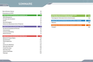 SOMMAIRE
Mot du Directeur Général

05

Présentation de l’OFPPT

08

FORMATIONS INTER-ENTREPRISES MANAGERIELLES

10

GRH & Management

12
22
26
34
44

Formation des Formateurs
Qualité
Sécurité & Hygiène
Gestion de la Maintenance & de la Production
FORMATIONS INTER-ENTREPRISES TERTIAIRE

50

Secrétariat & Assistante de Direction

Gestion & Finance

52
62
70
76

FORMATIONS INTER-ENTREPRISES IndustrieLLES

FORMATIONS INTER-ENTREPRISES EN TECHNOLOGIES
DE L’INFORMATION & DE LA COMMUNICATION

164

Technologie de l’Information & de la Communication

166

FORMATIONS INTER-ENTREPRISES EN HOTELLERIE & TOURISME

190

Hôtellerie

192

FORMATIONS INTER-ENTREPRISES EN Transport & Logistique

202

Transport

204

96

Communication
Commerce & Marketing

Bâtiment & Travaux Publics
Agroalimentaire
Textile Habillement
Cuir
Construction Métallique
Fabrication Mécanique
Froid & Thermique
Génie Electrique
Industrie Automobile
Plasturgie

6

98
106
110
118
120
130
138
144
154
160

7

 