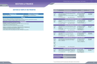 FORMATIONS INTER-ENTREPRISES TERTIAIRE

GESTION  FINANCE
GESTION DU TEMPS ET DES PRIORITES

Dates de
déroulement

Sites de déroulement

Contacts

Animateurs

DIRECTION REGIONALE DU GRAND CASABLANCA
Population Cible
Managers, Responsables

Démarche Pédagogique
Apports théoriques et méthodologiques
Etudes de cas

04, 05
Juin
2013

Objectifs
Gérer son temps et comprendre le fonctionnement de chacun
Découvrir les éléments qui freinent une gestion efficace et mettre en place des comportements nouveaux
Diagnostiquer et analyser les différents types et niveaux de priorités

PROGRAMME
DIAGNOSTIC DE NOTRE RELATION AVEC LE TEMPS
•	 Identifier et éliminer les obstacles a l’organisation efficace de notre temps
•	 Savoir définir ses objectifs à long terme
•	 Repérer les erreurs et les illusions de la gestion du temps
ETABLIR LES PRIORITES QUOTIDIENNES, HEBDOMADAIRES ET MENSUELLES
•	 Planifier rationnellement le temps et les projets
•	 Reconnaître sa sphère d’influence pour traiter les priorités
•	 Des conseils et des outils pratiques pour gérer son temps et ses priorités

Institut Spécialisé de Technologie Appliquée Génie
Mécanique Casablanca
Rue Abdelhak Kadmiri par rue Socrate Maârif - 21 100
Casablanca
Tél. : 05 22 39 22 53

Fax : 05 22 39 47 04

Mr Rachid FOUNOUNE
Tél. : 05 22 61 93 33
	
05 22 60 33 48
Fax : 05 22 60 39 65
r.founoune@gmail.com

Mr Abdelbarr
KOUSSAIMI

DIRECTION REGIONALE DU NORD OUEST I
28, 29
Mars
2013

Institut Spécialisé de Technologie Appliquée NTIC
Hay Riad
Rue Assandour BP 6332 - 10 100 Hay Riad Rabat
Tél. : 05 37 71 00 05

Fax : 05 37 71 52 49

Mme Nadia MAMDOUH
Tél. : 05 37 80 31 07/08
Fax : 05 37 80 31 09
mamdouhnadia@yahoo.fr

Mme Khadija
LAMDIRA

DIRECTION REGIONALE DU NORD OUEST II
20, 21
Juin
2013

Institut Spécialisé de Technologie Appliquée Tanger
Free Zone
Ilot 104 Lot N°1 Tanger Free Zone, Route de Rabat 90 000 Tanger
Tél. : 05 39 39 44 58

Fax : 05 39 39 44 58

Mr Mohammed KADIRI
Tél. : 05 39 34 13 15
Fax : 05 39 94 26 60
kadiri@ofppt.ma
medkadiri@yahoo.fr

Mme Imane
EL HNOT

DIRECTION REGIONALE DU CENTRE NORD
22, 23
Mai
2013

Institut Spécialisé de Technologie Appliquée
Gestion Fès
Route Imouzzer km 4,5 BP 2428 - 30 000 Fès
Tél. : 05 35 60 15 75

Fax : 05 35 74 81 99

Mr Mohamed BENKHALTI
Tél : 05 35 60 70 07
Fax : 05 35 60 39 97
benkhalti.m@gmail.com

Mr Mourad
BOUMARSEL

DIRECTION REGIONALE DU TENSIFT ATLANTIQUE
06, 07
Février
2013

Institut Spécialisé de Technologie Appliquée Safi 1
Route de Casablanca, près de la cours d’appel
BP 34 - 46 000 Safi

25, 26
Mars
2013
17, 18
Avril
2013

Tél. : 05 24 62 36 09

Mr Abdellatif AZZAOUI
Tél. : 05 24 37 29 14
Fax : 05 24 34 60 80
azzaoui_scre@yahoo.fr

Mr Youssef
HOURAIRI

Fax : 05 24 62 36 09

DIRECTION REGIONALE DES PROVINCES DU SUD
11, 12
Mars
2013

Institut Spécialisé de Technologie Appliquée Tata
Près du cercle de la province BP 21 - 84 000 Tata
Tél. : 05 28 80 23 70

Fax : 05 28 80 23 70

Durée de Formation

78

Mr Abderrahim
AKOURIM

2 jours

Prix Forfaitaire*

Mme Mina ARIRI
Tél. : 05 28 99 18 34
Fax : 05 28 99 18 42
mina_ariri@yahoo.fr

2000,00 DHS /Participant

* Les prix forfaitaires sont HT incluant pause café, déjeuner et documentation

79

 