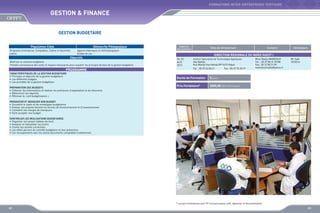 FORMATIONS INTER-ENTREPRISES TERTIAIRE

GESTION  FINANCE
GESTION BUDGETAIRE
Population Cible

Démarche Pédagogique

Dirigeants d’entreprise, Comptables, Cadres et Assimilés
cadres

Apports théoriques et méthodologiques
Etudes de cas

Objectifs
Maîtriser la situation budgétaire
Prendre connaissance des outils et moyens nécessaires pour acquérir les principes de base de la gestion budgétaire

PROGRAMME
CARACTERISTIQUES DE LA GESTION BUDGETAIRE
•	 Principes et objectifs de la gestion budgétaire
•	 Les différents budgets
•	 Les procédés de la gestion budgétaire
PREPARATION DES BUDGETS
•	 Collecter les informations et réaliser les prévisions d’exploitation et de trésorerie
•	 Déterminer les objectifs
•	 Effectuer le « pré budgétisation »

Dates de
déroulement

Sites de déroulement

Contacts

Animateurs

DIRECTION REGIONALE DU NORD OUEST I
02, 03
Avril
2013

Institut Spécialisé de Technologie Appliquée
Hay Nahda
Rue Warfal Hay Nahda BP 5673 Rabat
Tél. : 05 37 63 00 21

Fax : 05 37 75 30 77

Durée de Formation

Mr Saîd
TETECH

2 jours

Prix Forfaitaire*

Mme Nadia MAMDOUH
Tél. : 05 37 80 31 07/08
Fax : 05 37 80 31 09
mamdouhnadia@yahoo.fr

3000,00 DHS /Participant

PRESENTER ET NEGOCIER SON BUDGET
•	 Connaître le cadre et les enveloppes budgétaires
•	 Evaluer ses propres besoins en termes de fonctionnement et d’investissement
•	 Connaître ses marges de manœuvre
•	 Faire accepter son budget
CONTROLER LES REALISATIONS BUDGETAIRES
•	 Organiser son propre tableau de bord
•	 Analyser et interpréter les écarts
•	 Choisir les actions correctives
•	 Les effets pervers du contrôle budgétaire et leur prévention
•	 Les recoupements avec les autres documents comptables traditionnels

* Les prix forfaitaires sont HT incluant pause café, déjeuner et documentation

82

83

 