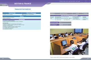 FORMATIONS INTER-ENTREPRISES TERTIAIRE

GESTION  FINANCE
TRAVAUX DE FIN D’EXERCICE
Population Cible
Comptables et Aides comptables

Démarche Pédagogique
Apports théoriques et méthodologiques
Etudes de cas

Objectifs
Maîtriser les travaux de fin d’exercice
Calculer le résultat fiscal

PROGRAMME

Dates de
déroulement

Sites de déroulement

Du 19 au 21
Novembre
2013

Institut Spécialisé de Technologie Appliquée
Hay Al Adarissa Fès
Hay Al Adarissa Route Ain Smen BP 2590 - 30000 Fès

Contacts

Animateurs

DIRECTION REGIONALE DU CENTRE NORD

Tél. : 05 35 61 03 33

Fax : 05 35 60 19 76

Mr Mohamed BENKHALTI
Tél : 05 35 60 70 07
Fax : 05 35 60 39 97
benkhalti.m@gmail.com

Mr Hassan
BENYAHYA
Mr Mohammed
ER-RMILI

LES TABLEAUX D’AMORTISSEMENTS
•	 Etablir les tableaux d’amortissements, calculer et enregistrer
LES PROVISIONS
•	 Calculer et enregistrer les provisions des clients douteux
•	 Calculer les variations de stocks, les titres, les risques et charges
•	 Procéder aux régularisations
•	 Enregistrer les charges et produits constatés d’avance
•	 Les charges à payer et les produits à recevoir
•	 Les cessions d’immobilisations
•	 Les ajustements de stocks

Durée de Formation

3 jours

Prix Forfaitaire*

2000,00 DHS /Participant

* Les prix forfaitaires sont HT incluant pause café, déjeuner et documentation

88

89

 