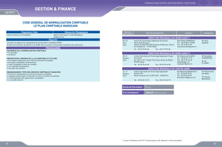 FORMATIONS INTER-ENTREPRISES TERTIAIRE

GESTION  FINANCE
CODE GENERAL DE NORMALISATION COMPTABLE
LE PLAN COMPTABLE MAROCAIN
Population Cible

Démarche Pédagogique

Cadres financiers et Comptables

Apports théoriques et méthodologiques
Etudes de cas

Objectifs
Connaître les apports du code général de normalisation comptable (CGNC)
Prendre des décisions de gestion et du CGNC dans le système d’information de gestion des entreprises

Dates de
déroulement

PRESENTATION JURIDIQUE DE LA LOI COMPTABLE ET DU CGNC
•	 Principales dispositions de la Norme Générale Comptable
•	 Principes comptables fondamentaux
•	 Cadre comptable et plan de comptes
•	 Les méthodes d’évaluation
•	 Les états de synthèse
ORGANIGRAMMES TYPES DES SERVICES COMPTABLES FINANCIERS
•	 Structure, organisation et coût de la fonction comptable
•	 L’analyse économique et financière à travers les états de synthèse
•	 L’informatisation des applications comptables
•	 Le contrôle interne

Contacts

Animateurs

DIRECTION REGIONALE DU NORD OUEST I
09, 10
Avril
2013

PROGRAMME
HISTORIQUE DE LA NORMALISATION COMPTABLE
•	 à l’étranger
•	 Au Maroc

Sites de déroulement

Institut de Technologie Appliquée de Gestion
Yaacoub Al Mansour
Avenue Al Majd BP 4553 Yaacoub Al Mansour, Route
de Casablanca - 10 050 Rabat
Tél. : 05 37 79 81 84

Mme Nadia MAMDOUH
Tél. : 05 37 80 31 07/08
Fax : 05 37 80 31 09
mamdouhnadia@yahoo.fr

Mr Allal
SAKOUK

Fax : 05 37 79 81 84

DIRECTION REGIONALE DU NORD OUEST II
30, 31
Octobre
2013

Institut Spécialisé de Technologie Appliquée Tanger
Free Zone
Ilot 104 Lot N°1 Tanger Free Zone, Route de Rabat 90 000 Tanger
Tél. : 05 39 39 44 58

Fax : 05 39 39 44 58

Mr Mohammed KADIRI
Tél. : 05 39 34 13 15
Fax : 05 39 94 26 60
kadiri@ofppt.ma
medkadiri@yahoo.fr

Mr Mustapha
CHAHBOUNE
Mr Ali
EL AYADI

DIRECTION REGIONALE DU CENTRE NORD
16, 17
Octobre
2013

Institut Spécialisé de Technologie Appliquée
Gestion Fès
Route Imouzzer km 4,5 BP 2428 - 30 000 Fès
Tél. : 05 35 60 15 75

Mr Mohamed BENKHALTI
Tél : 05 35 60 70 07
Fax : 05 35 60 39 97
benkhalti.m@gmail.com

Fax : 05 35 74 81 99

Durée de Formation

Mr Hassan
BENYAHYA

2 jours

Prix Forfaitaire*

Mr Mohammed
ER-RMILI

2000,00 DHS /Participant

* Les prix forfaitaires sont HT incluant pause café, déjeuner et documentation

94

95

 