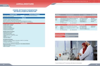 FORMATIONS INTER-ENTREPRISES INDUSTRIELLES

Agroalimentaire
HYGIENE, NETTOYAGE ET DESINFECTION
DES INSTALLATIONS DE PRODUCTION
Population Cible
Responsables de production, Techniciens spécialisés
Techniciens et Ouvriers qualifiés

Démarche Pédagogique
Apport théorique et exercices pratiques

Objectifs
Comprendre l’importance des règles d’hygiène
Connaître le contexte réglementaire dans votre métier
Détecter et maîtriser les risques de contaminations et de développement microbiens
Pouvoir apporter la preuve du respect des règles d’hygiène et réagir en cas de problèmes

Dates de
déroulement

SENSIBILISATION AUX RISQUES
•	 Identification des risques
•	 Evaluation des risques
•	 Maîtrise préventive des risques
•	 Outils utilisés pour l’analyse des risques
•	 AMDEC
•	 Méthode HACCP / CCP
•	 Application AMDEC

Contacts

Animateurs

DIRECTION REGIONALE DU NORD OUEST II
29, 30
Mars
2013

Institut Spécialisé dans les Métiers de l’Offshoring
et les Nouvelles Technologies de l’Information
et de la Communication
Km 6, Route de Rabat - 90 000 Tanger (À coté de
Marjane)
Tél. : 05 39 38 08 71

PROGRAMME
L’INTERET DANS LA SOCIETE
•	 Situation socio- culturelle
•	 Situation économique
•	 Evolution technologique
•	 Evolution de la réglementation
•	 Dimension environnementale
•	 Analyse environnementale

Sites de déroulement

Mr Mohammed KADIRI
Tél. : 05 39 34 13 15
Fax : 05 39 94 26 60
kadiri@ofppt.ma
medkadiri@yahoo.fr

Mme Najia
BENMESSAOUD
Mr Moustapha
MOUAIN

Fax : 05 39 38 08 71

DIRECTION REGIONALE DU CENTRE SUD
27, 28
Juin
2013

Institut de Technologie Appliquée Route Agouray
Meknès
Route Agouray km 3 Bd Mohamed VI BP 251 - 51050
Meknès
Tél. : 05 35 53 78 34

Mr Rachid MAMAN
Tél. : 05 35 51 33 52
Fax : 05 35 61 02 04
mamane.rachid@gmail.com

Mr Mohamed
AMSELLAK

Fax : 05 35 45 26 93

Durée de Formation

2 jours

Prix Forfaitaire*

2000,00 DHS /Participant

LES MOYENS DE MAITRISE
•	 Exigences en matière d’hygiène, d’étiquetage ,d’additif et d’emballage
•	 Fonctions d’emballage
•	 Echanges entre le produit et son emballage
MISE EN PLACE DES CONTROLES FREQUENTS ET DES ENREGISTREMENTS
•	 Approche processus
•	 Objectifs de l’approche processus
•	 Mise en situation

* Les prix forfaitaires sont HT incluant pause café, déjeuner et documentation

108

109

 