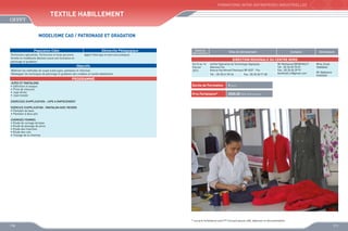 FORMATIONS INTER-ENTREPRISES INDUSTRIELLES

Textile Habillement
MODELISME CAO / PATRONAGE ET GRADATION
Population Cible

Démarche Pédagogique

Techniciens spécialisés, Techniciens et toute personne
formée en modélisme désirant suivre une formation en
patronage et gradation

Apport théorique et exercices pratiques

Dates de
déroulement

Sites de déroulement

Contacts

Animateurs

DIRECTION REGIONALE DU CENTRE NORD
Objectifs

Maîtriser les méthodes de coupe à plat jupes, pantalons et chemises
Développer les techniques de patronage et gradation des modèles en textile habillement

Du12 au 14
Février
2013

Institut Spécialisé de Technologie Appliquée
Adarissa Fès
Avenue Haj Ahmed Cherkaoui BP 6027 - Fès
Tél. : 05 35 61 09 24

Fax : 05 35 60 71 58

Mr Mohamed BENKHALTI
Tél : 05 35 60 70 07
Fax : 05 35 60 39 97
benkhalti.m@gmail.com

PROGRAMME
JUPES ET PANTALONS
•	 Définition et lexique
•	 Prise de mesures
•	 Jupe droite
•	 Jupe évasée

Durée de Formation

Mr Abdelaziz
CHATAHI

3 jours

Prix Forfaitaire*

Mme Zineb
TANNAHI

2000,00 DHS /Participant

EXERCICES D’APPLICATION : JUPE A EMPIECEMENT
EXERCICE D’APPLICATION : PANTALON AVEC REVERS
•	 Pantalon de base
•	 Pantalon à deux plis
CHEMISES FEMMES
•	 Etude de corsage de base
•	 Etude de passage de pince
•	 Etude des manches
•	 Etude des cols
•	 Traçage de la chemise

* Les prix forfaitaires sont HT incluant pause café, déjeuner et documentation

110

111

 