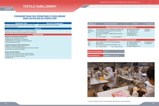 FORMATIONS INTER-ENTREPRISES INDUSTRIELLES

Textile Habillement
CHRONOMETRAGE DES OPERATIONS ET EQUILIBRAGE
DANS UN ATELIER DE CONFECTION
Population Cible

Démarche Pédagogique

Agents des méthodes, Chefs d’ateliers, Chefs de chaînes,
Responsables production

Apport théorique et exercices pratiques

Objectifs
Mesurer l’activité et le rendement d’un atelier de confection
Equilibrer les postes de travail et augmenter la productivité

Dates de
déroulement

CLASSIFICATION DES TEMPS INDUSTRIELS 
•	 Nature et classification des temps
•	 Conversion entre les différentes unités du temps industriel
•	 Les moyens courants de chiffrage
CALCUL DE COUT MINUTE 
•	 Calcul du coût minute de la main d’œuvre directe
•	 Calcul du coût minute de la main d’œuvre indirecte
•	 Calcul du prix de revient industriel
•	 Etude de cas

Contacts

Animateurs

DIRECTION REGIONALE DU NORD OUEST II
27, 28
Septembre
2013

PROGRAMME
ANALYSE DU PROCESSUS OPERATOIRE 
•	 Définition des modes opératoires
•	 Repérage des éléments d’une opération
•	 Identification des variables de chaque élément
•	 Décomposition du travail

Sites de déroulement

Institut Spécialisé dans les Métiers de l’Offshoring
et les Nouvelles Technologies de l’Information
et de la Communication
Km 6, Route de Rabat - 90 000 Tanger (À coté de
Marjane)
Tél. : 05 39 38 08 71

Mr Mohammed KADIRI
Tél. : 05 39 34 13 15
Fax : 05 39 94 26 60
kadiri@ofppt.ma
medkadiri@yahoo.fr

Mr Brahim
SAMOUD

Fax : 05 39 38 08 71

DIRECTION REGIONALE DU CENTRE NORD
14, 15
Mai
2013

Institut Spécialisé de Technologie Appliquée
Adarissa Fès
Avenue Haj Ahmed Cherkaoui BP 6027 - Fès
Tél. : 05 35 61 09 24

Fax : 05 35 60 71 58

Durée de Formation

Mr Mohamadine
EL YACOUBI

2 jours

Prix Forfaitaire*

Mr Mohamed BENKHALTI
Tél : 05 35 60 70 07
Fax : 05 35 60 39 97
benkhalti.m@gmail.com

2000,00 DHS /Participant

* Les prix forfaitaires sont HT incluant pause café, déjeuner et documentation

116

117

 