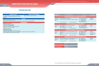 FORMATIONS INTER-ENTREPRISES INDUSTRIELLES

Construction MEtallique
SOUDAGE MIG /MAG
Population Cible
Professionnels Soudeurs désireux d’améliorer leurs
compétences ou toute personne ayant suivi un cours
d’initiation

Démarche Pédagogique
Apport théorique et exercices pratiques

Dates de
déroulement

Sites de déroulement

Contacts

Animateurs

DIRECTION REGIONALE DU GRAND CASABLANCA
Objectifs

Maîtriser la technologie du procédé
Progresser dans l’application technique et pratique gestuelle du procédé de soudage MIG/MAG

Du 16 au 18
Septembre
2013

Institut des Métiers de Soudure
Mr Rachid FOUNOUNE
50, Rue Caporal Driss Chbakou Ain Bordja Casablanca Tél. : 05 22 61 93 33
	
05 22 60 33 48
Fax : 05 22 60 39 65
r.founoune@gmail.com
Tél. : 05 22 62 40 48
Fax : 05 22 62 40 48

Du 06 au 08
Février
2013

Institut Spécialisé de Technologie Appliquée
Sala Al Jadida
Zone F Bd Hassan II, Sala Al Jadida

PROGRAMME
FORMATION TECHNIQUE
•	 Domaine d’emploi du procédé
•	 Sources de courant MIG/MAG
•	 Matériel et installation du poste de soudage
•	 Hygiène et sécurité en soudage
FORMATION PRATIQUE
•	 Présentation du matériel
•	 Réalisations des dépôts de cordons de soudure
•	 Types d’assemblage: bout à bout, en angle intérieur, en angle extérieur, par recouvrement, ...
•	 Test d’évaluation des connaissances acquises

Mr Hassan
FADDANI

DIRECTION REGIONALE DU NORD OUEST I

Tél. : 05 37 53 26 68

Fax : 05 37 53 26 68

Mme Nadia MAMDOUH
Tél. : 05 37 80 31 07/08
Fax : 05 37 80 31 09
mamdouhnadia@yahoo.fr

Mr Driss
HILAL

DIRECTION REGIONALE DU NORD OUEST II
Du 20 au 22
Février
2013

Institut Spécialisé de Technologie Appliquée Tanger
Free Zone
Ilot 104 Lot N°1 Tanger Free Zone, Route de Rabat Tanger
Tél. : 05 39 39 44 58

Fax : 05 39 39 44 58

Mr Mohammed KADIRI
Tél. : 05 39 34 13 15
Fax : 05 39 94 26 60
kadiri@ofppt.ma
medkadiri@yahoo.fr

Mr Said
AIT AGNOU
Mr Mohammed
ZAIDANE

DIRECTION REGIONALE DES PROVINCES DU SUD
Du 23 au 25
Novembre
2013

Institut Spécialisé de Technologie Appliquée Laâyoune Mme Mina ARIRI
Place Oum Essad BP 445 - 70 000 Laâyoune
Tél. : 05 28 99 18 34
Fax : 05 28 99 18 42
mina_ariri@yahoo.fr
Tél. : 05 82 99 39 77
Fax : 05 82 99 39 77

Durée de Formation

3 jours

Prix Forfaitaire*

Mr Moha
SADIKI

3000,00 DHS /Participant

* Les prix forfaitaires sont HT incluant pause café, déjeuner et documentation

126

127

 