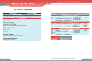 FORMATIONS INTER-ENTREPRISES INDUSTRIELLES

FABRICATION MECANIQUE
LES SYSTEMES PNEUMATIQUES
Population Cible
Techniciens et Ouvriers qualifiés

Démarche Pédagogique
Apport théorique et exercices pratiques

Dates de
déroulement

Sites de déroulement

PROGRAMME

Du 20 au 22
Février
2013

RAPPEL DE PNEUMATIQUE
•	 Unités, force, pression
PRODUCTION DE L’AIR COMPRIME
•	 Les différents types de compresseurs
CONDITIONNEMENT DE L’AIR COMPRIME
•	 Séchage, filtration, lubrification, dosage antigel, réglage de la pression
DISTRIBUTION DE L’AIR COMPRIME
•	 Réservoir
•	 Conduite, raccords
•	 Perte de charge
ACTIONNEURS
•	 Vérins : simple effet, double effet
•	 Moteurs
MANŒUVRE DES ACTIONNEURS
•	 Distributeurs : monostable, bistable, différentes technologies
•	 Clapets
•	 Sélecteur
REGLAGE DE LA VITESSE DE DEPLACEMENT
•	 Augmentation de l’effort de poussée
•	 Application sur des circuits

Animateurs

DIRECTION REGIONALE DU NORD OUEST I

Objectifs
Exécuter les opérations d’entretien sur les éléments pneumatiques et réalisation des schémas

Contacts

Institut Spécialisé de Technologie Appliquée
Hay Essalam
Route de Meknés BP 1612 Hay Essalam 11 000 - Salé
Tél. : 05 37 81 41 09

Mme Nadia MAMDOUH
Tél. : 05 37 80 31 07/08
Fax : 05 37 80 31 09
mamdouhnadia@yahoo.fr

Mr Kacem
BENKACEM

Fax : 05 37 81 41 09

DIRECTION REGIONALE DU NORD OUEST II
Du 12 au14
Mars
2013

Institut Spécialisé de Technologie Appliquée Route
Aéroport Tanger
Ancienne Route de l’Aéroport, Km 5,5 - Tanger
Tél. : 05 39 31 21 56

Fax : 05 39 31 21 56

Mr Mohammed KADIRI
Tél. : 05 39 34 13 15
Fax : 05 39 94 26 60
kadiri@ofppt.ma
medkadiri@yahoo.fr

Mr Fouad
LHACHIMI
Mr Mounsif
ARBAOUI

DIRECTION REGIONALE DU TENSIFT ATLANTIQUE
Du 09 au 11
Janvier
2013

Institut Spécialisé de Technologie Appliquée
Al Massira
Bd Al Massira BP 124 - 24 000 El Jadida

Du 06 au 08
Mars
2013

Tél. : 05 23 34 27 89

Mr Abdellatif AZZAOUI
Tél. : 05 24 37 29 14
Fax : 05 24 34 60 80
azzaoui_scre@yahoo.fr

Mr Mohamed
MICHBAL

Fax : 05 23 34 02 51

Durée de Formation

3 jours

Prix Forfaitaire*

2000,00 DHS /Participant

* Les prix forfaitaires sont HT incluant pause café, déjeuner et documentation

134

135

 