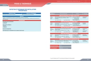 FORMATIONS INTER-ENTREPRISES INDUSTRIELLES

Froid  Thermique
ENTRETIEN ET DEPANNAGE DES INSTALLATIONS
FRIGORIFIQUES
Population Cible
Techniciens, Ouvriers qualifiés frigoristes

Démarche Pédagogique
Apport théorique et exercices pratiques

Objectifs
Acquérir une méthodologie de conduite et d’entretien des installations frigorifiques
Appliquer une démarche maintenance permettant d’analyser les causes des principales anomalies de fonctionnement en
froid commercial

Dates de
déroulement

REGLAGE DES APPAREILS 
•	 Sécurité
•	 Régulation
•	 Protection
RELEVE DE PARAMETRES
METHODOLOGIE DU CHANGEMENT DES ELEMENTS DEFECTUEUX.

Contacts

Animateurs

DIRECTION REGIONALE DU GRAND CASABLANCA
25, 26
Octobre
2013

Institut Spécialisé Génie Thermique  Froid Casablanca Mr Rachid FOUNOUNE
Rue Sergent Moussaoui Ain Bordja - 20 300
Tél. : 05 22 61 93 33
Casablanca
	
05 22 60 33 48
Fax : 05 22 60 39 65
Tél. : 05 22 61 32 34
Fax : 05 22 61 32 34
r.founoune@gmail.com

27, 28
Février
2013

Institut Spécialisé de Technologie Appliquée
Hay Essalam
Route de Meknés BP 1612 Hay Essalam 11 000 - Salé

PROGRAMME
METHODOLOGIE DE DEPANNAGE 
•	 Frigorifique
•	 Electrique

Sites de déroulement

Mr Fattahllah
BOUABID

DIRECTION REGIONALE DU NORD OUEST I

Tél. : 05 37 81 41 09

Fax : 05 37 81 41 09

Mme Nadia MAMDOUH
Tél. : 05 37 80 31 07/08
Fax : 05 37 80 31 09
mamdouhnadia@yahoo.fr

Mr Janah
DOAOUDI

DIRECTION REGIONALE DU NORD OUEST II
13, 14
Novembre
2013

Institut Spécialisé de Technologie Appliquée Route
Aéroport Tanger
Ancienne Route de l’Aéroport, Km 5,5 - Tanger
Tél. : 05 39 31 21 56

Fax : 05 39 31 21 56

Mr Mohammed KADIRI
Tél. : 05 39 34 13 15
Fax : 05 39 94 26 60
kadiri@ofppt.ma
medkadiri@yahoo.fr

Mr Mohamed
TSOULI
Mr Mohamed
BENAYAD

DIRECTION REGIONALE DU CENTRE NORD
12, 13
Mars
2013

Institut Spécialisé de Technologie Appliquée
Gestion Fès
Route Imouzzer km 4,5 BP 2428 - 30 000 Fès
Tél. : 05 35 61 07 24

Fax : 05 35 61 20 47

Mr Mohamed BENKHALTI
Tél : 05 35 60 70 07
Fax : 05 35 60 39 97
benkhalti.m@gmail.com

Mr Youness
BENYAACOUB

DIRECTION REGIONALE DES PROVINCES DU SUD
28, 29
Novembre
2013

Institut Spécialisé de Technologie Appliquée Laâyoune Mme Mina ARIRI
Place Oum Essad BP 445 - 70 000 Laâyoune
Tél. : 05 28 99 18 34
Fax : 05 28 99 18 42
mina_ariri@yahoo.fr
Tél. : 05 28 31 21 56
Fax : 05 28 31 21 56

Durée de Formation

2 jours

Prix Forfaitaire*

Mr Hamid
ELGHANDOUR

2000,00 DHS /Participant

* Les prix forfaitaires sont HT incluant pause café, déjeuner et documentation

138

139

 