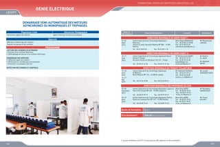 FORMATIONS INTER-ENTREPRISES INDUSTRIELLES

GEnie Electrique
DEMARRAGE SEMI-AUTOMATIQUE DES MOTEURS
ASYNCHRONES ou MONOPHASES ET TRIPHASES
Population Cible
Techniciens, Agents de maîtrise

Démarche Pédagogique
Apport théorique et exercices pratiques

Objectifs
Maîtriser le démarrage des moteurs
Détecter les pannes et les contrôler

Dates de
déroulement

DEMARRAGE DES MOTEURS
•	 Différents types de moteurs
•	 Vérification et contrôle des enroulements
•	 Connexion à la plaque à bornes

Contacts

Animateurs

DIRECTION REGIONALE DU NORD OUEST I
01, 02
Mars
2013

PROGRAMME
LECTURE DES SCHEMAS ELECTRIQUES
•	 Fonction d’un schéma électrique
•	 Méthodologie de lecture d’un schéma électrique

Sites de déroulement

Institut Spécialisé de Technologie Appliquée I
Maamora
Avenue Erriada, Nouvelle Médina BP 580 - 14 000
Kénitra
Tél. : 05 37 38 07 53

Mme Nadia MAMDOUH
Tél. : 05 37 80 31 07/08
Fax : 05 37 80 31 09
mamdouhnadia@yahoo.fr

Mr Mohammed
LAMJIDI

Fax : 05 37 38 11 70

DIRECTION REGIONALE DU NORD OUEST II
10, 11
Avril
2013

Institut Spécialisé de Technologie Appliquée Route
Aéroport Tanger
Ancienne Route de l’Aéroport, Km 5,5 - Tanger
Tél. : 05 39 31 21 56

DETECTION DES PANNES ET CONTROLE

Fax : 05 39 31 21 56

Mr Mohammed KADIRI
Tél. : 05 39 34 13 15
Fax : 05 39 94 26 60
kadiri@ofppt.ma
medkadiri@yahoo.fr

Mr Brahim
EL JAZIR
Mr Abdellah
QATIB

DIRECTION REGIONALE DU TENSIFT ATLANTIQUE
17, 18
Avril
2013

Institut Spécialisé de Technologie Appliquée
Al Massira
Bd Al Massira BP 124 - 24 000 El Jadida

16, 17
Mai
2013

Tél. : 05 23 34 27 89

Mr Abdellatif AZZAOUI
Tél. : 05 24 37 29 14
Fax : 05 24 34 60 80
azzaoui_scre@yahoo.fr

Mr Jordan
KEREMIDTCHEVE

Fax : 05 23 34 02 51

DIRECTION REGIONALE DES PROVINCES DU SUD
07, 08
Décembre
2013

Institut Spécialisé de Technologie Appliquée Laâyoune Mme Mina ARIRI
Place Oum Essad BP 445 - 70 000 Laâyoune
Tél. : 05 28 99 18 34
Fax : 05 28 99 18 42
mina_ariri@yahoo.fr
Tél. : 05 28 99 39 77
Fax : 05 28 99 39 77

Mr Mustapha
sakaoussat

09, 10
Avril
2013

Institut Spécialisé de Technologie Appliquée Dakhla
Route du nouveau Port BP 169 - 73 000 Dakhla

Mr Fouad
KHLAFA

Tél. : 05 28 89 73 43

Fax : 05 28 89 73 43

Durée de Formation

2 jours

Prix Forfaitaire*

Mme Mina ARIRI
Tél. : 05 28 99 18 34
Fax : 05 28 99 18 42
mina_ariri@yahoo.fr

2000,00 DHS /Participant

* Les prix forfaitaires sont HT incluant pause café, déjeuner et documentation

144

145

 