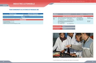 FORMATIONS INTER-ENTREPRISES INDUSTRIELLES

Industrie Automobile
FONCTIONNEMENT DU SYSTEME DE FREINAGE ABS
Population Cible

Démarche Pédagogique

Mécaniciens et Aides mécaniciens

Apport théorique et présentation d’exemples concrets
Exercices pratiques

Objectifs
Comprendre et faire fonctionner le système de freinage ABS

PROGRAMME
•	 Schémas de principe électrique 
•	 Circuit hydraulique 
•	 Réglage des compteurs de roue 
•	 Etude de purge du circuit de freinage type « ABS »

Dates de
déroulement

Sites de déroulement

Contacts

Animateurs

DIRECTION REGIONALE DES PROVINCES DU SUD
Du 07 au 09
Mars
2013

Institut Spécialisé de Technologie Appliquée Laâyoune Mme Mina ARIRI
Place Oum Essad BP 445 - 70 000 Laâyoune
Tél. : 05 28 99 18 34
Fax : 05 28 99 18 42
Tél. : 05 28 99 39 77
Fax : 05 28 99 39 77
mina_ariri@yahoo.fr
Institut Spécialisé de Technologie Appliquée Assa
Bd 19 Mai Quartier Administratif Assa Centre
BP 10 - 81 002 Assa
Tél. : 05 28 87 70 37

Mr Hamid
FAKHER EDDINE
Mr Fouad
KHLAFA

Fax : 05 28 87 70 37

Durée de Formation

3 jours

Prix Forfaitaire*

2000,00 DHS /Participant

* Les prix forfaitaires sont HT incluant pause café, déjeuner et documentation

158

159

 
