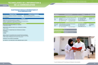 FORMATIONS INTER-ENTREPRISES EN TECHNOLOGIES
DE L’INFORMATION  DE LA COMMUNICATION

TECHNOLOGIES DE L’INFORMATION 
DE LA COMMUNICATION
MAINTENANCE RESEAUX INFORMATIQUES ET
TELECOMMUNICATION
Population Cible

Démarche Pédagogique

Techniciens de maintenance, Techniciens en informatique,
toute personne intéressée par l’entretien et la réparation des
micro-ordinateurs

Méthode participative par objectif
Apports théoriques appuyés sur des cas pratiques

Objectifs
Diagnostiquer et localiser les pannes en utilisant les procédures d’auto test
Réaliser un entretien préventif de micro ordinateur
Concevoir une application en C permettant le contrôle d’un procédé industriel
Configurer adéquatement les différents postes de travail

PROGRAMME
DEFINITION DES BESOINS MATERIELS ET LOGICIELS
•	 LAN efficace et fiable
DEFINITION DE L’ARCHITECTURE ET DE LA TOPOLOGIE DU RESEAU
•	 Mise en place
INSTALLATION ET PARAMETRAGE DES INTERFACES DU RESEAU
•	 Ordinateur
•	 Commutateur
•	 Routeur
•	 Serveur

Dates de
déroulement

Sites de déroulement

Contacts

Animateurs

DIRECTION REGIONALE DU NORD OUEST I
Du 11 au 13
Avril
2013

Institut Spécialisé de Technologie Appliquée NTIC
Hay Riad
Rue Assandour BP 6332 - 10 100 Hay Riad Rabat
Tél. : 05 37 71 17 80

Fax : 05 37 71 52 49

Mme Nadia MAMDOUH
Tél. : 05 37 80 31 07/08
Fax : 05 37 80 31 09
mamdouhnadia@yahoo.fr

Mr Mohammed
AISAOUI

DIRECTION REGIONALE DU CHAOUIA TADLA
Du 06 au 08
Novembre
2013

Institut Spécialisé en Techniques Informatiques,
Commerce  Gestion Berrechid
Quartier administratif Berrechid
Tél. : 05 22 32 84 00

Fax : 05 22 32 84 01

Durée de Formation

Mr Mohamed
NEJMEDDINE
RABII

3 jours

Prix Forfaitaire*

Mr Abdellatif ABOUMAZI
Tél. : 05 23 72 06 14
Fax : 05 23 40 44 13
abdel-86@hotmail.com

3000,00 DHS /Participant

INSTALLATION ET UTILISATION D’OUTILS DE GESTION DE SON RESEAU
•	 Mise en place et gestion d’un serveur de fichiers : les accès, les partages
•	 Mise en place et configuration d’un serveur d’impression
STRATEGIE ET SOLUTIONS DE SAUVEGARDE
LES FORCES ET LES FAIBLESSES D’UNE CONNEXION SANS FIL (WIFI)

* Les prix forfaitaires sont HT incluant pause café, déjeuner et documentation

166

167

 