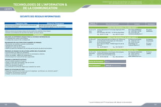 FORMATIONS INTER-ENTREPRISES EN TECHNOLOGIES
DE L’INFORMATION  DE LA COMMUNICATION

TECHNOLOGIES DE L’INFORMATION 
DE LA COMMUNICATION
SEcuritE des rEseaux informatiques
Population Cible

Démarche Pédagogique

Techniciens en Informatique, toute personne intéressée par
les réseaux informatiques

Méthode participative par objectif
Apports théoriques appuyés sur des cas pratiques

Objectifs
Mettre en œuvre les principaux moyens de sécurisation des systèmes et des réseaux
Concevoir une architecture de sécurité et de réaliser sa mise en œuvre

Dates de
déroulement

RECHERCHER DES SOLUTIONS POUR ELABORER LES PARADES
•	 Rechercher les solutions curatives et préventives
•	 Planifier leur mise en œuvre
•	 Budgétiser le plan de sécurisation
•	 Mettre en place les indicateurs de suivi des performances du plan de sécurisation
PREVENIR LES RISQUES VIA DES ACTIONS AUPRES DES UTILISATEURS
•	 Communiquer les règles aux utilisateurs
•	 Faire d’un incident l’opportunité d’enrichir la connaissance collective
•	 Éviter les pillages : départs de collaborateurs, ...
•	 Communiquer sur la sécurité de façon apprenante
ASSURER LA CONTINUITE D’ACTIVITE
•	 Les principales situations d’urgence
•	 Établir un plan SOS informatique, agir par priorité
•	 Identifier les limites de l’exercice
•	 Gérer les situations d’urgence
•	 La continuité en termes de moyens pour satisfaire les clients

Contacts

Animateurs

DIRECTION REGIONALE DU NORD OUEST I
Du 16 au 18
Avril
2013

Institut Spécialisé de Technologie Appliquée NTIC
Hay Riad
Rue Assandour BP 6332 - 10 100 Hay Riad Rabat
Tél. : 05 37 71 17 80

PROGRAMME
ANALYSER LES DIFFERENTS RISQUES POUR LE SYSTEME D’INFORMATION (SI)
•	 La typologie des risques informatiques
•	 L’analyse des causes et des conséquences

Sites de déroulement

Fax : 05 37 71 52 49

Mme Nadia MAMDOUH
Tél. : 05 37 80 31 07/08
Fax : 05 37 80 31 09
mamdouhnadia@yahoo.fr

Mr Jamal
BARRAHAL

DIRECTION REGIONALE DU NORD OUEST II
Du 05 au 07
Mars
2013

Institut Spécialisé dans les Métiers de l’Offshoring
et les Nouvelles Technologies de l’Information
et de la Communication
Km 6, Route de Rabat - 90 000 Tanger (À coté de
Marjane)
Tél. : 05 39 38 08 71

Mr Mohammed KADIRI
Tél. : 05 39 34 13 15
Fax : 05 39 94 26 60
kadiri@ofppt.ma
medkadiri@yahoo.fr

Mr Abdelali
RHAZOUANI
Mr Samir
AURAGH

Fax : 05 39 38 08 71

DIRECTION REGIONALE DU CHAOUIA TADLA
Du 04 au 06
Décembre
2013

Institut Spécialisé en Techniques Informatiques,
Commerce  Gestion Berrechid
Quartier administratif Berrechid
Tél. : 05 22 32 84 00

Fax : 05 22 32 84 01

Durée de Formation

Mr Karim
LABASS 

3 jours

Prix Forfaitaire*

Mr Abdellatif ABOUMAZI
Tél. : 05 23 72 06 14
Fax : 05 23 40 44 13
abdel-86@hotmail.com

3000,00 DHS /Participant

GERER LES SITUATIONS DE CRISE
•	 Organiser la gestion d’une crise et assurer la logistique : qui fait quoi, où, comment, quand ?
•	 Formaliser les processus de décision
•	 Adopter la communication associée

* Les prix forfaitaires sont HT incluant pause café, déjeuner et documentation

168

169

 