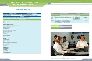 FORMATIONS INTER-ENTREPRISES EN TECHNOLOGIES
DE L’INFORMATION  DE LA COMMUNICATION

TECHNOLOGIES DE L’INFORMATION 
DE LA COMMUNICATION
CREATION DE PAGES WEB
Population Cible

Démarche Pédagogique

Techniciens en Informatique, toute personne intéressée par
les systèmes d’information

Méthode participative par objectif
Apports théoriques appuyés sur des cas pratiques

Objectifs
Structurer et créer le site interne afin de publier et promouvoir l’activité de l’entreprise

PROGRAMME
STRUCTURE D’UN SITE INTERNE 
•	 Définition de FrontPage
•	 Structure d’un site
PRESENTATION DE L’INTERFACE
•	 L’interface FrontPage (barres, menus et commandes)
DEFINIR LA STRUCTURE DU SITE
•	 Créer un nouveau site
•	 Le mode dossier

Dates de
déroulement

Sites de déroulement

Contacts

Animateurs

DIRECTION REGIONALE DES PROVINCES DU SUD
Du 15 au 23
Janvier
2013

Institut Spécialisé de Technologie Appliquée Tata
Près du cercle de la province BP 21 - 84 000 Tata

Du 02 au 09
Mai
2013

Institut Spécialisé de Technologie Appliquée NTIC
Guelmim
Avenue Hassan II - BP 127 - 81 000 Guelmim

Tél. : 05 28 80 23 70

Tél : 05 28 87 27 23

Fax : 05 28 80 23 70

Mina ARIRI
Tél. : 05 28 99 18 34
Fax : 05 28 99 18 42
mina_ariri@yahoo.fr

Mr Abderrahim
AKOURIM
Mr Soufiane
AIT TALEB

Fax: 05 28 87 27 23

Durée de Formation

7 jours

Prix Forfaitaire*

2000,00 DHS /Participant

SAISIR ET METTRE EN FORME LE TEXTE
•	 La saisie et mise en forme
•	 Listes
•	 Bordures et trames
•	 Les tableaux
INSERER DES IMAGES 
•	 Préparation des images
•	 Insérer des images
LES LIENS 
•	 Les liens relatifs
•	 Les liens absolus
•	 Les liens vers un email
•	 Les liens vers un signet
•	 Proposer un document en téléchargement
LES FORMULAIRES 
•	 Généralités
•	 Créer un formulaire
VERIFIER LE SITE 
•	 Les navigateurs
•	 Les rapports
PUBLIER LE SITE 
•	 L’hébergeur
•	 Le transfert ftp et http

* Les prix forfaitaires sont HT incluant pause café, déjeuner et documentation

172

173

 