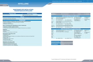 FORMATIONS INTER-ENTREPRISES EN HOTELLERIE  TOURISME

HOtellerie
Maintenance des installations
frigorifiques en hôtellerie
Population Cible
Agents de maintenance

Démarche Pédagogique
Méthode participative par objectif
Apports théoriques appuyés sur des cas pratiques

Objectifs
Entretenir les installations frigorifiques par un suivi périodique et s’approprier la maintenance autorisée par le constructeur
Savoir apprécier ses limites d’intervention

PROGRAMME

Dates de
déroulement

Sites de déroulement

Contacts

Animateurs

DIRECTION REGIONALE DU NORD OUEST II
29, 30
Mai
2013

Institut Spécialisé de Technologie en Hôtellerie et de
Tourisme Tamuda Bay M’Diq
Route de Sebta M’DIQ
Tél. : 05 39 66 63 07

Fax : 05 39 66 63 07

PRINCIPES DE BASE AU TRAVERS DE L’EVOLUTION DU FLUIDE THERMODYNAMIQUE
•	 Lecture et interprétation des schémas électriques et fluidiques
•	 Diagramme enthalpique
•	 Rendements, bilans simplifiés

14, 15
Juin
2013

ROLE ET TECHNOLOGIE DES COMPOSANTS DU CIRCUIT FRIGORIFIQUE
•	 Compresseur, échangeur, organes de détente
•	 Organes de commande, régulation et sécurité
•	 Les paramètres, point de fonctionnement et réglages fonctionnels d’une installation

12, 13
Novembre
2013

08, 09
Janvier
2013

Institut Spécialisé Technologie en Hôtellerie et de
Tourisme Founty Agadir
Zone Touristique Founty - 80 000 Agadir

Mr Mohammed
EL AMRANI
Mr Mohammed
TSOULI

Institut Spécialisé de Technologie Appliquée Fnideq
Angle Avenue Ibn Rochd et Bd Zerktouni N° 2 Fnideq

DIAGNOSTIC
•	 Dérive et anomalie
•	 Entretien
•	 Maintenance autorisée par le constructeur
MAINTENANCE D’UNE INSTALLATION
•	 Changement du filtre
•	 Analyse d’huile
•	 Récupération du fluide frigorigène d’une installation (utilisation des machines de récupération)
•	 Epreuve d’étanchéité
•	 Tirage au vide
•	 Contrôle de la charge en fluide
•	 Recherche des fuites
•	 Contrôle du fonctionnement
DEPANNAGE D’UNE INSTALLATION
•	 Répertoire des principales pannes
•	 Repérage des défauts de fonctionnement
•	 Programme d’entretien d’une installation
•	 Simulation de pannes sur banc pédagogique

Institut Spécialisé de Technologie Appliquée Route
Aéroport Tanger
Ancienne Route de l’Aéroport, Km 5,5 - Tanger

Mr Mohammed KADIRI
Tél. : 05 39 34 13 15
Fax : 05 39 94 26 60
kadiri@ofppt.ma
medkadiri@yahoo.fr

Tél. : 05 39 31 21 56

Tél. : 05 39 67 51 53

Fax : 05 39 31 21 56

Fax : 05 39 67 51 53

DIRECTION REGIONALE DU SOUSS MASSA DRAA

07, 08
Mars
2013
15, 16
Mai
2013

Tél. : 05 28 21 77 62

Fax : 05 28 21 77 63

Durée de Formation

Mr Mohamed
ATIRI
Mr Mohammed
EL JABRI

2 jours

Prix Forfaitaire*

Mr Abdelmajid EL AISSARI
Tél : 05 28 84 66 67/68
Fax : 05 28 84 66 69
elaissari@ofppt.ma
drsmd.scre@gmail.com
Ou
Mr Zouhair MARZOUK
Tél : 05 28 21 77 62
Fax : 05 28 21 77 63
z.marzouk@yahoo.fr

2000,00 DHS /Participant

* Les prix forfaitaires sont HT incluant pause café, déjeuner et documentation

194

195

 