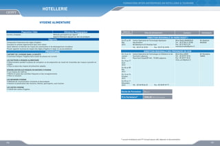 FORMATIONS INTER-ENTREPRISES EN HOTELLERIE  TOURISME

HOtellerie
HYGIENE ALIMENTAIRE
Population Cible
Ouvriers, Employés

Démarche Pédagogique
Méthode participative par objectif
Apports théoriques appuyés sur des cas pratiques

Objectifs
Comprendre l’importance des règles d’hygiène
Connaître le contexte réglementaire dans votre métier
Savoir détecter et maîtriser les risques de contamination et de développement microbiens
Pouvoir apporter la preuve du respect des règles d’hygiène et réagir en cas de problèmes

PROGRAMME
L’INTERET DE L’HYGIENE DANS LA SOCIETE
•	 Comment Intégrer l’hygiène dans toutes les phases de l’activité
LES FACTEURS A RISQUES ALIMENTAIRE
•	 Détermination pendant la phase de conception ou de préparation du travail de l’ensemble des risques à prendre en
compte
•	 Mise en place des moyens de prévention adaptés
SENSIBILISATION AUX RISQUES EN MATIERE D’HYGIENE
•	 Les moyens de maîtrise
•	 Mettre en place des contrôles fréquents et des enregistrements
•	 Mise en situation
LES REUNIONS HYGIENE
•	 Méthode de communication montante et descendante
•	 Gestion et planification des réunions, thèmes, participants, suivi d’action
LES VISITES HYGIENE
•	 Intérêt des visites d’hygiène

Dates de
déroulement

Sites de déroulement

Contacts

Animateurs

DIRECTION REGIONALE DU NORD OUEST I
Du 07 au 09
Mai
2013

Institut Spécialisé de Technologie Appliquée
Hay Essalam
Bd Abdelkarim El Khattabi Salé
Tél. : 05 37 34 18 90

Fax : 05 37 34 18 90

Mme Nadia MAMDOUH
Tél. : 05 37 80 31 07/08
Fax : 05 37 80 31 09
mamdouhnadia@yahoo.fr

Mr Abdellah
REDDAD

DIRECTION REGIONALE DES PROVINCES DU SUD
Du 14 au 16
Janvier
2013

Institut Spécialisé de Technologie en Hôtellerie et de
Tourisme Laâyoune
Place Oum Essad BP 445 - 70 000 Laâyoune

Du 15 au 17
Avril
2013

Mme Mina ARIRI
Tél. : 05 28 99 18 34
Fax : 05 28 99 18 42
mina_ariri@yahoo.fr

Mr Mustapha
TARIKI

Du 06 au 08
Mai
2013
Du 14 au 16
Octobre
2013
Du 09 au 11
Décembre
2013

Tél. : 05 28 98 04 23

Fax : 05 28 89 39 77

Durée de Formation

3 jours

Prix Forfaitaire*

2000,00 DHS /Participant

* Les prix forfaitaires sont HT incluant pause café, déjeuner et documentation

196

197

 