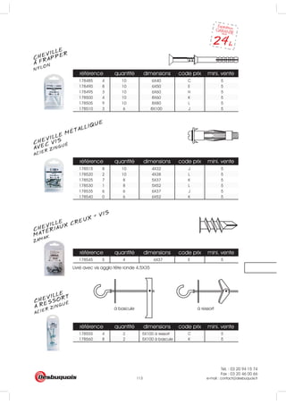 Tél. : 03 20 94 15 74
Fax : 03 20 46 00 66
e-mail : contact@desbuquois.fr113
référence quantité dimensions code prix mini. vente
178485 4 10 6X40 C 5
178490 8 10 6X50 E 5
178495 3 10 6X60 H 5
178500 4 10 8X60 K 5
178505 9 10 8X80 L 5
178510 3 6 8X100 J 5
référence quantité dimensions code prix mini. vente
178515 8 10 4X32 J 5
178520 2 10 4X38 L 5
178525 7 8 5X37 K 5
178530 1 8 5X52 L 5
178535 6 6 6X37 J 5
178540 0 6 6X52 K 5
référence quantité dimensions code prix mini. vente
178555 4 2 5X100 à ressort C 5
178560 8 2 5X100 à bascule K 5
référence quantité dimensions code prix mini. vente
178545 5 4 6X37 E 5
CHEVILLE
NYLONA FRAPPER
CHEVILLE MÉTALLIQUE
ACIER ZINGUÉ
AVEC VIS
CHEVILLE
ACIER ZINGUÉ
A RESSORT
CHEVILLE
ZAMAK
MATÉRIAUX CREUX + VIS
Livré avec vis agglo tête ronde 4,5X35
à bascule à ressort
 