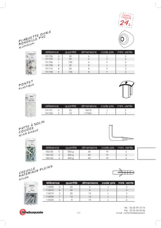 Tél. : 03 20 94 15 74
Fax : 03 20 46 00 66
e-mail : contact@desbuquois.fr117
référence quantité dimensions code prix mini. vente
181706 4 20 6 L 2
référence quantité dimensions code prix mini. vente
191701 6 20 76X18 J 2
191702 3 15 177X51 2
référence quantité dimensions code prix mini. vente
182140 5 500 g 40 YY 2
182150 4 500 g 50 YY 2
182160 3 500 g 60 YY 2
181708 8 20 8 L 2
191709 2 50 6 V 2
191710 8 50 8 V 2
191706 1 100 6 Y 2
191708 5 100 8 Y 2
L
référence quantité dimensions code prix mini. vente
116005 4 60 6 J 2
116010 8 40 8 J 2
116015 3 20 10 J 2
116020 7 12 12 J 2
116025 2 8 14 J 2
PLAQUETTE OVALE
ALUMINIUMRONDELLE PVC
PLASTIQUEPONTET
PATTE A SOLIN
ACIER ZINGUÉ
COUDÉE
CHEVILLE
NYLONMATÉRIAUX PLEINS
 