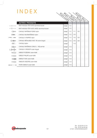 Tél. : 03 20 94 15 74
Fax : 03 20 46 00 66
e-mail : contact@desbuquois.fr129
I N D E X P
etit
m
odele
M
oyen
m
odele
AUTRES PRODUITS
B
oite
pro
S
achet
M
alette, S
eau
page 118
page 114
page 114
page 114
page 114
page 114
page 113
page 113CHEVILLE MATERIAUX CREUX (+ VIS) zamak
CHEVILLE A RESSORT acier zingué
EMBOUT POZIDRIVE acier traité
EMBOUT PHILLIPS acier traité
EMBOUT TORX acier traité
EMBOUTS ASSORTIS acier traité
PORTE EMBOUT acier traité
CHEVILLE laiton
page 112
page 112
page 117 120112
page 118112
page 118 120113
page 118 120113
RIVET AVEUGLE TÊTE PLATE aluminium/acier
RIVET AVEUGLE TÊTE PLATE LARGE aluminium/acier
CHEVILLE MATERIAUX PLEINS nylon
CHEVILLE MULTIMATERIAUX nylon
CHEVILLE A FRAPPER nylon
CHEVILLE METALLIQUE AVEC VIS acier zingué
 