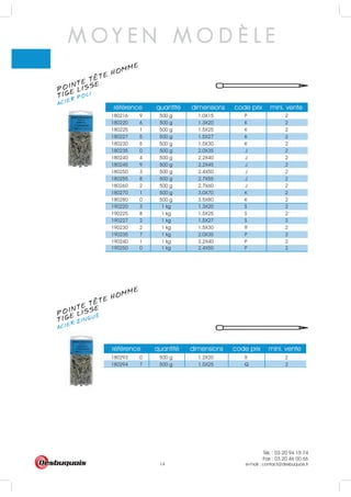 Tél. : 03 20 94 15 74
Fax : 03 20 46 00 66
e-mail : contact@desbuquois.fr14
M O Y E N M O D È L E
POINTE TETE HOMME
ACIER POLI
TIGE LISSE
POINTE TETE HOMME
ACIER ZINGUÉ
TIGE LISSE
référence quantité dimensions code prix mini. vente
180293 0 500 g 1.2X20 R 2
180294 7 500 g 1.5X25 Q 2
référence quantité dimensions code prix mini. vente
référence quantité dimensions code prix mini. vente
180216 9 500 g 1.0X15 P 2
180220 6 500 g 1.3X20 K 2
180225 1 500 g 1.5X25 K 2
180227 5 500 g 1.5X27 K 2
180230 5 500 g 1.5X30 K 2
180235 0 500 g 2.0X35 J 2
180240 4 500 g 2.2X40 J 2
180245 9 500 g 2.2X45 J 2
180250 3 500 g 2.4X50 J 2
180255 8 500 g 2.7X55 J 2
180260 2 500 g 2.7X60 J 2
180270 1 500 g 3.0X70 K 2
180280 0 500 g 3.5X80 K 2
190220 3 1 kg 1.3X20 S 2
190225 8 1 kg 1.5X25 S 2
190227 2 1 kg 1.5X27 S 2
190230 2 1 kg 1.5X30 R 2
190235 7 1 kg 2.0X35 P 2
190240 1 1 kg 2.2X40 P 2
190250 0 1 kg 2.4X50 P 2
 