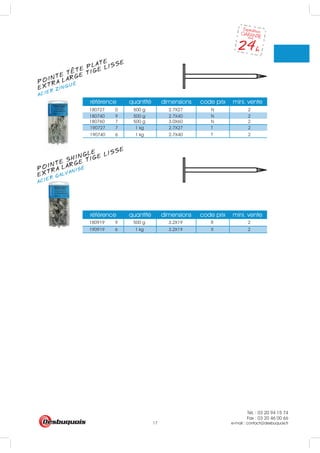 Tél. : 03 20 94 15 74
Fax : 03 20 46 00 66
e-mail : contact@desbuquois.fr17
référence quantité dimensions code prix mini. vente
référence quantité dimensions code prix mini. vente
180727 0 500 g 2.7X27 N 2
180740 9 500 g 2.7X40 N 2
180760 7 500 g 3.0X60 N 2
190727 7 1 kg 2.7X27 T 2
190740 6 1 kg 2.7X40 T 2
180919 9 500 g 3.2X19 R 2
190919 6 1 kg 3.2X19 X 2
POINTE TETE PLATE
ACIER ZINGUÉ
EXTRA LARGE TIGE LISSE
POINTE SHINGLE
ACIER GALVANISÉ
EXTRA LARGE TIGE LISSE
 