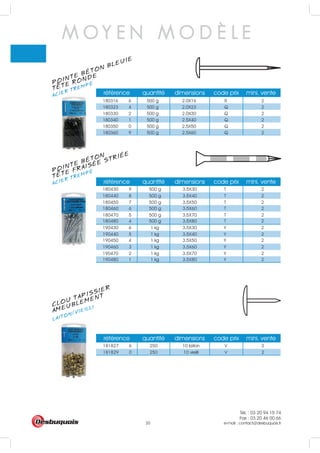 Tél. : 03 20 94 15 74
Fax : 03 20 46 00 66
e-mail : contact@desbuquois.fr20
référence quantité dimensions code prix mini. vente
180316 6 500 g 2.0X16 R 2
180323 4 500 g 2.0X23 Q 2
180330 2 500 g 2.0X30 Q 2
180340 1 500 g 2.5X40 Q 2
180350 0 500 g 2.5X50 Q 2
180360 9 500 g 2.5X60 Q 2
référence quantité dimensions code prix mini. vente
référence quantité dimensions code prix mini. vente
180430 9 500 g 3.5X30 T 2
180440 8 500 g 3.5X40 T 2
180450 7 500 g 3.5X50 T 2
180460 6 500 g 3.5X60 T 2
180470 5 500 g 3.5X70 T 2
180480 4 500 g 3.5X80 T 2
190430 6 1 kg 3.5X30 Y 2
190440 5 1 kg 3.5X40 Y 2
190450 4 1 kg 3.5X50 Y 2
190460 3 1 kg 3.5X60 Y 2
190470 2 1 kg 3.5X70 Y 2
190480 1 1 kg 3.5X80 Y 2
181827 6 250 10 laiton V 2
181829 0 250 10 vieilli V 2
M O Y E N M O D È L E
POINTE BÉTON BLEUIE
ACIER TREMPÉ
TETE RONDE
CLOU TAPISSIER
LAITON/VIEILLI
AMEUBLEMENT
POINTE BÉTON
ACIER TREMPÉ
TETE FRAISÉE STRIÉE
 