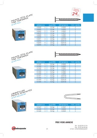 Tél. : 03 20 94 15 74
Fax : 03 20 46 00 66
e-mail : contact@desbuquois.fr25
référence quantité dimensions mini. vente
141240 5 5,0 kg 2.5X40 2
141250 4 5,0 kg 2.4X50 2
141260 3 5,0 kg 2.8X60 2
141270 2 5,0 kg 3.4X70 2
141280 1 5,0 kg 3.4X80 2
141290 0 5,0 kg 3.4X90 2
141291 7 5,0 kg 4.5X100 2
141292 4 5,0 kg 5.0X110 2
141293 1 5,0 kg 5.0X125 2
141294 8 5,0 kg 5.0X140 2
référence quantité dimensions mini. vente
142640 2 2,5 kg 2,2X40 2
142650 1 2,5 kg 2,4X50 2
142660 0 2,5 kg 2,8X60 2
142670 9 2,0 kg 3,4X70 2
142680 8 2,0 kg 3,4X80 2
142690 7 2,0 kg 4,0X90 2
142691 4 2,0 kg 4,5X100 2
142692 1 2,0 kg 5,0X110 2
142693 8 2,5 kg 5,0X125 2
142694 5 2,5 kg 5,0X140 2
référence quantité dimensions mini. vente
141627 4 5,0 kg 2,7X27 2
141635 9 5,0 kg 3,5X35 2
141640 3 5,0 kg 4,5X40 2
CRAMPILLON
ACIER GALVANISÉ
POINTE BISEAUTÉE
POINTE TETE PLATE
ACIER POLI
TIGE TORSADÉE
POINTE TETE PLATE
ACIER POLI
TIGE TORSADÉE
PRIX VOIR ANNEXE
 