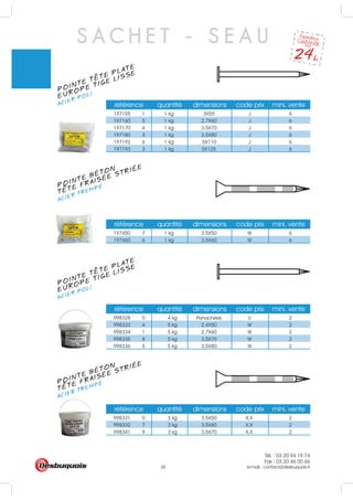 Tél. : 03 20 94 15 74
Fax : 03 20 46 00 66
e-mail : contact@desbuquois.fr26
S A C H E T - S E A U
POINTE TETE PLATE
ACIER POLI
EUROPE TIGE LISSE
POINTE BÉTON
ACIER TREMPÉ
TETE FRAISÉE STRIÉE
POINTE TETE PLATE
ACIER POLI
EUROPE TIGE LISSE
POINTE BÉTON
ACIER TREMPÉ
TETE FRAISÉE STRIÉE
référence quantité dimensions code prix mini. vente
197155 1 1 kg 3X55 J 6
197160 5 1 kg 2.7X60 J 6
197170 4 1 kg 3.5X70 J 6
197180 3 1 kg 3.5X80 J 6
197192 6 1 kg 5X110 J 6
197193 3 1 kg 5X125 J 6
référence quantité dimensions code prix mini. vente
197450 7 1 kg 3.5X50 W 6
197460 6 1 kg 3.5X60 W 6
référence quantité dimensions code prix mini. vente
998328 0 4 kg Panachées U 2
998333 4 5 kg 2,4X50 W 2
998334 1 5 kg 2,7X60 W 2
998335 8 5 kg 3,5X70 W 2
998336 5 5 kg 3,5X80 W 2
référence quantité dimensions code prix mini. vente
998331 0 3 kg 3,5X50 X.X 2
998332 7 3 kg 3,5X60 X.X 2
998341 9 3 kg 3,5X70 X.X 2
 