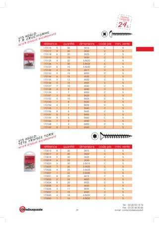 Tél. : 03 20 94 15 74
Fax : 03 20 46 00 66
e-mail : contact@desbuquois.fr29
référence quantité dimensions code prix mini. vente
173115 3X16 C 5
173117 9 20
5 20
3X20 C 5
173118 6 20 3X25 C 5
173119 3 15 3X30 C 5
173125 4 20 3.5X20 C 5
173126 1 20 3.5X25 C 5
173127 8 15 3.5X30 C
C
5
173132 2 15 4X17 5
173133 9 15 4X20 C 5
173134 6 15 4X25 C 5
173135 3 12 4X30 C 5
173136 0 10 4X35 C 5
173137 7 10 4X40 C 5
173138 4 8 4X45 C 5
173139 1 7 4X50 C
C
C
5
173151 3 10 5X20 5
173152 0 10 5X25 5
173153 7 8 5X30 C 5
173154 4 7 5X35 C 5
173155 1 7 5X40 C 5
173156 8 6 5X45 C 5
173157 5 6 5X50 C 5
173159 9 5 5X60 C 5
173166 7 5 6X40 C 5
173168 1 4 6X50 C 5
173169 8 3 6X60 C 5
référence quantité dimensions code prix mini. vente
173015 8 30 3X15 C 5
173017 2 30 3X20 C 5
173018 9 30 3X25 C 5
173019 6 25 3X30 C 5
173023 3 30 3.5X15 C 5
173025 7 30 3.5X20 C 5
173026 4 25 3.5X25 C 5
173027 1 22 3.5X30 C 5
173031 8 25 4X15 C 5
173033 2 23 4X20 C 5
173034 9 20 4X25 C 5
173035 6 20 4X30 C 5
173036 3 17 4X35 C 5
173037 0 15 4X40 C 5
173042 4 18 4.5X20 C 5
173043 1 16 4.5X25 C 5
VIS AGGLO
ACIER ZINGUÉ BICHROMATÉ
T. R. CRUCIFORME
VIS AGGLO
ACIER ZINGUÉ BICHROMATÉ
TETE FRAISÉE TORX
 