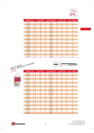 Tél. : 03 20 94 15 74
Fax : 03 20 46 00 66
e-mail : contact@desbuquois.fr33
référence quantité dimensions code prix mini. vente
172233 7 35 4X20 A 5
172234 4 30 4X25 A 5
172235 1 27 4X30 A 5
172236 8 22 4X35 A 5
172237 5 22 4X40 A 5
172239 9 16 4X50 A 5
172240 5 12 4X60 A 5
172251 1 22 5X20 A 5
172253 5 20 5X30 A 5
172255 9 16 5X40 A 5
172257 3 12 5X50 A 5
172258 0 8 5X60 A 5
172260 3 6 5X80 A 5
172263 4 10 6X30 A 5
172265 8 10 6X40 A 5
172267 2 7 6X50 A 5
172268 9 7 6X60 A 5
172269 6 7 6X70 A 5
172270 2 6 6X80 A 5
référence quantité dimensions code prix mini. vente
172405 8 35 2X12 C 5
172410 2 20 2.5X12 C 5
172411 9 20 2.5X16 C 5
172415 7 18 3X12 C 5
172416 4 12 3X16 C 5
172417 1 12 3X20 C 5
172418 8 12 3X25 C 5
172419 5 10 3X30 C 5
172424 9 12 3.5X16 C 5
172425 6 12 3.5X20 C 5
172426 3 10 3.5X25 C 5
172427 0 10 3.5X30 C 5
172432 4 10 4X16 C 5
172433 1 10 4X20 C 5
172434 8 8 4X25 C 5
172435 5 8 4X30 C 5
172437 9 6 4X40 C 5
172439 3 6 4X50 C 5
172453 9 5 5X30 C 5
172455 3 5 5X40 C 5
172457 7 5 5X50 C 5
172459 1 4 5X60 C 5
VIS A BOIS
LAITONTETE FRAISÉE FENDUE
 
