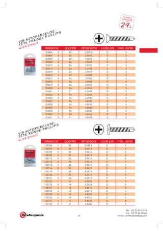 Tél. : 03 20 94 15 74
Fax : 03 20 46 00 66
e-mail : contact@desbuquois.fr35
référence quantité dimensions code prix mini. vente
153706 1 35 3.5X9.5 D 5
153707 8 35 3.5X13 D 5
153708 5 35 3.5X16 D 5
153709 2 32 3.5X19 D 5
153713 9 26 3.9X13 D 5
153714 6 26 3.9X16 D 5
153715 3 24 3.9X19 D 5
153716 0 20 3.9X25 D 5
153719 1 24 4.2X13 D 5
153720 7 24 4.2X16 D 5
153721 4 24 4.2X19 D 5
153722 1 19 4.2X25 D 5
153723 8 18 4.2X32 D 5
153727 6 18 4.8X16 D 5
153728 3 16 4.8X19 D 5
153729 0 15 4.8X25 D 5
153730 6 13 4.8X32 D 5
153731 3 12 4.8X38 D
D
5
153732 0 8 4,8x50 5
référence quantité dimensions code prix mini. vente
153806 8 29 3.5X9.5 D 5
153807 5 32 3.5X13 D 5
153808 2 29 3.5X16 D 5
153809 9 26 3.5X19 D 5
153813 6 24 3.9X13 D 5
153814 3 24 3.9X16 D 5
153815 0 24 3.9X19 D 5
153816 7 19 3.9X25 D
D
D
5
153817 4 16 3,9x32 5
153818 1 16 3,9x38 5
153819 8 24 4.2X13 D 5
153820 4 24 4.2X16 D 5
153821 1 21 4.2X19 D 5
153822 8 18 4.2X25 D 5
153823 5 16 4.2X32 D 5
153827 3 18 4.8X16 D 5
153828 0 16 4.8X19 D 5
153829 7 14 4.8X25 D 5
153830 3 18 4.8X32 D
D
5
153832 7 10 4,8x50 5
153831 0 11 4.8X38 D 5
VIS AUTOPERCEUSE
ACIER ZINGUÉ
TETE RONDE PHILLIPS
VIS AUTOPERCEUSE
ACIER ZINGUÉ
TETE FRAISÉE PHILLIPS
 