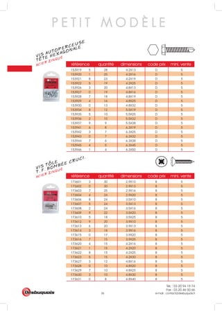 Tél. : 03 20 94 15 74
Fax : 03 20 46 00 66
e-mail : contact@desbuquois.fr36
référence quantité dimensions code prix mini. vente
153919 5 28 4.2X13 D 5
153920 1 25 4.2X16 D 5
153921 8 23 4.2X19 D 5
153922 5 19 4.2X25 D 5
153926 3 20 4.8X13 D 5
153927 0 19 4.8X16 D 5
153928 7 18 4.8X19 D 5
153929 4 16 4.8X25 D 5
153930 0 13 4.8X32 D 5
153934 8 12 5.5X19 D 5
153935 5 10 5.5X25 D 5
153936 2 10 5.5X32 D 5
153937 9 9 5.5X38 D 5
153941 6 8 6.3X19 D 5
153942 3 7 6.3X25 D 5
153943 0 7 6.3X32 D 5
153944 7 6 6.3X38 D 5
153945 4 5 6.3X45 D 5
153946 1 4 6.3X50 D 5
référence quantité dimensions code prix mini. vente
173601 3 30 2.9X10 B 5
173602 0 30 2.9X13 B 5
173603 7 25 2.9X16 B 5
173604 4 24 2.9X20 B 5
173606 8 24 3.5X10 B 5
173607 5 24 3.5X13 B 5
173608 2 24 3.5X16 B 5
173609 9 22 3.5X20 B 5
173610 5 18 3.5X25 B 5
173612 9 20 3.9X10 B 5
173613 6 20 3.9X13 B 5
173614 3 18 3.9X16 B 5
173615 0 17 3.9X20 B 5
173616 7 15 3.9X25 B 5
173620 4 15 4.2X16 B 5
173621 1 15 4.2X20 B 5
173622 8 15 4.2X25 B 5
173623 5 15 4.2X30 B 5
173627 3 12 4.8X16 B 5
173628 0 10 4.8X20 B 5
173629 7 10 4.8X25 B 5
173630 3 10 4.8X30 B 5
173631 0 8 4.8X40 B 5
P E T I T M O D È L E
VIS AUTOPERCEUSE
ACIER ZINGUÉ
TETE HEXAGONALE
VIS TOLE
ACIER ZINGUÉ
T. F. BOMBÉE CRUCI.
 