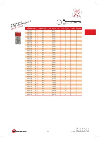 Tél. : 03 20 94 15 74
Fax : 03 20 46 00 66
e-mail : contact@desbuquois.fr41
référence quantité dimensions code prix mini. vente
133801 9 20 5X25 G 2
133802 6 20 5X30 G 2
133804 0 20 5X40 I 2
133805 7 20 5X50 J 2
133807 1 20 6X30 H 2
133809 5 20 6X40 H 2
133811 8 20 6X50 I 2
133813 2 20 6X60 J 2
133814 9 20 6X70 K 2
133815 6 20 6X80 N 2
133816 3 20 6X90 Q 2
133819 4 20 7X40 M 2
133821 7 20 7X50 P 2
133822 4 20 7X60 P 2
133823 1 20 7X70 Q 2
133824 8 20 7X80 Q 2
133825 5 20 8X30 K 2
133827 9 20 8X40 K 2
133829 3 20 8X50 M 2
133830 9 20 8X60 N 2
133831 6 20 8X70 Q 2
133832 3 20 8X80 R 2
133834 7 20 8X100 S 2
133835 4 20 8X120 W 2
133836 1 20 8X140 W 2
133838 5 20 10X40 T 2
133839 2 20 10X50 T 2
133840 8 20 10X60 S 2
133841 5 20 10X70 U 2
133842 2 20 10X80 U 2
133844 6 10 10X100 R 2
133845 3 10 10X120 T 2
133847 7 10 10X140 V 2
TIREFOND
ACIER ZINGUÉ
TETE HEXAGONALE
 