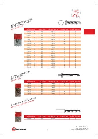 Tél. : 03 20 94 15 74
Fax : 03 20 46 00 66
e-mail : contact@desbuquois.fr43
référence quantité dimensions code prix mini. vente
135919 9 100 4,2x13 2
135920 5 100 4.2X16 Q
Q
2
135921 2 100 4.2X19 R 2
135922 9 100 4.2X25 S 2
135927 4 50 4,8x16 2
135928 1 50 4.8X19 M
M
2
135929 8 50 4.8X25 M
M
K
K
2
135930 4 50 4,8x32 2
135931 1 50 4.8X38 R 2
135934 2 20 5.5X19 J 2
135935 9 20 5.5X25 J 2
135937 3 20 5,5x38 2
135941 0 20 6,3x19 2
135942 7 20 6.3X25 L 2
135943 4 20 6,3x32 2
135944 1 20 6.3X38 N 2
135946 5 20 6.3X50 P
P
2
135947 2 20 6.3X60 Q 2
135948 9 20 6.3X70 R 2
référence quantité dimensions code prix mini. vente
138730 7 50 7X30 N 2
138740 6 50 7X40 P 2
138750 5 50 7X50 T 2
138760 4 50 7X60 T 2
138770 3 50 7X70 W 2
138780 2 50 7X80 W 2
référence quantité dimensions code prix mini. vente
115020 8 25 6x60 2Y
VIS AUTOPERCEUSE
ACIER ZINGUÉ
TETE HEXAGONALE
PATTE A VIS BOIS
ACIER POLI
DE 7 X 150
ACIER ZINGUÉ BICHROMATÉ
PITON DE RÉNOVATION
 