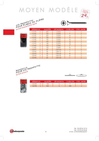 Tél. : 03 20 94 15 74
Fax : 03 20 46 00 66
e-mail : contact@desbuquois.fr44
référence quantité dimensions code prix mini. vente
113725 4 200 3.5X25 J 2
113726 1 100 3.5X25 F 2
113735 3 200 3.5X35 M 2
113736 0 100 3.5X35 H 2
113745 2 150 3.5X45 M 2
113755 1 150 3.5X55 Q 2
113770 4 100 4.2X70 Q 2
113780 3 100 4.2X80 S 2
113790 2 100 4.8X90 W 2
133791 3 50 4.8X100 U 2
133792 0 50 4.8X110 V 2
133793 7 50 4.8X120 W 2
133794 4 50 4.8X130 W 2
133795 1 50 4.8X140 Y 2
référence quantité dimensions code prix mini. vente
133799 9 100 5 P 2
133798 2 500 5 WW 2
M O Y E N M O D È L E
VIS TROMPETTE
ACIER PHOSPHATÉ NOIR
POUR PLAQUE DE PLATRE
RONDELLE
ACIER ZINGUÉ
POUR VIS TROMPETTE
 