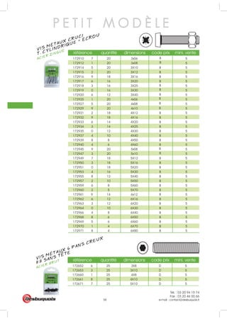 Tél. : 03 20 94 15 74
Fax : 03 20 46 00 66
e-mail : contact@desbuquois.fr58
référence quantité dimensions code prix mini. vente
172910 7 20 3x06 5
172912 1 20 3x08 5
172914 5 20 3X10 B 5
172915 2 20 3X12 B 5
172916 9 18 3X16 B 5
172917 6 16 3X20 B 5
172918 3 16 3X25 B 5
172919 0 16 3X30 B 5
172920 6 12 3X40 B 5
172925 1 20 4x06 5
172927 5 20 4x08 5
172929 9 20 4x10 5
172931 2 18 4X12 B 5
172932 9 18 4X16 B 5
172933 6 14 4X20 B 5
172934 3 14 4X25 B 5
172935 0 12 4X30 B 5
172937 4 10 4X40 B 5
172939 8 8 4X50 B 5
172940 4 6 4X60 B 5
172945 9 20 5x08 5
172947 3 20 5x10 5
172949 7 18 5X12 B 5
172950 3 18 5X16 B 5
172951 0 18 5X20 B 5
172953 4 16 5X30 B 5
172955 8 12 5X40 B 5
172957 2 10 5X50 B 5
172959 6 8 5X60 B 5
172960 2 5 5X70 B 5
172961 9 14 6x12 5
172962 6 12 6X16 B
B
B
B
B
B
B
B
B
5
172963 3 12 6X20 B 5
172964 0 10 6X30 B 5
172966 4 8 6X40 B 5
172968 8 6 6X50 B 5
172969 5 6 6X60 B 5
172970 1 4 6X70 B 5
172971 8 4 6X80 B 5
référence quantité dimensions code prix mini. vente
172652 6 25 3X8 D 5
172653 3 25 3X10 D 5
172660 1 25 4X8 D 5
172661 8 25 4X10 D 5
172671 7 25 5X10 D 5
VIS MÉTAUX CRUCI
ACIER ZINGUÉ
T. CYLINDRIQUE + ÉCROU
P E T I T M O D È L E
VIS MÉTAUX 6 PANS CREUX
ACIER BRUT
8.8 SANS TETE
 