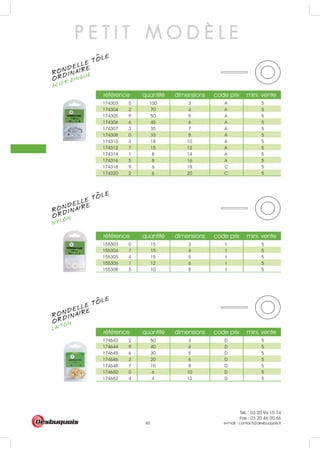 Tél. : 03 20 94 15 74
Fax : 03 20 46 00 66
e-mail : contact@desbuquois.fr60
référence quantité dimensions code prix mini. vente
174303 5 100 3 A 5
174304 2 70 4 A 5
174305 9 50 5 A 5
174306 6 45 6 A 5
174307 3 35 7 A 5
174308 0 33 8 A 5
174310 3 18 10 A 5
174312 7 15 12 A 5
174314 1 8 14 A 5
174316 5 8 16 A 5
174318 9 6 18 C 5
174320 2 6 20 C 5
référence quantité dimensions code prix mini. vente
155303 0 15 3 I 5
155304 7 15 4 I 5
155305 4 15 5 I 5
155306 1 12 6 I 5
155308 5 10 8 I 5
référence quantité dimensions code prix mini. vente
174643 2 50 3 D 5
174644 9 40 4 D 5
174645 6 30 5 D 5
174646 3 20 6 D 5
174648 7 10 8 D 5
174650 0 6 10 D 5
174652 4 4 12 D 5
P E T I T M O D È L E
RONDELLE TOLE
ACIER ZINGUÉ
ORDINAIRE
RONDELLE TOLE
NYLONORDINAIRE
RONDELLE TOLE
LAITONORDINAIRE
 