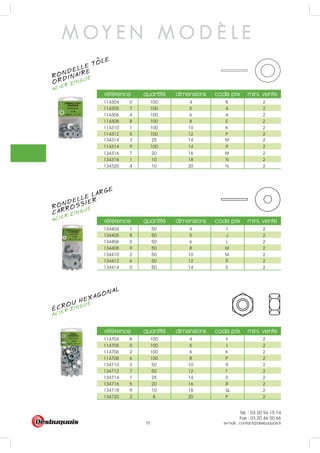 Tél. : 03 20 94 15 74
Fax : 03 20 46 00 66
e-mail : contact@desbuquois.fr70
référence quantité dimensions code prix mini. vente
114304 0 100 4 B 2
114305 7 100 5 A 2
114306 4 100 6 A 2
114308 8 100 8 E 2
114310 1 100 10 K 2
114312 5 100 12 P 2
114314 9 100 14 R 2
134316 7 20 16 M 2
134318 1 10 18 N 2
134320 4 10 20 N 2
référence quantité dimensions code prix mini. vente
134404 1 50 4 I 2
134405 8 50 5 J 2
134406 5 50 6 L 2
134408 9 50 8 M 2
134410 2 50 10 M 2
134412 6 50 12 R 2
134414 0 50 14 S 2
référence quantité dimensions code prix mini. vente
114704 8 100 4 F 2
114705 5 100 5 I 2
114706 2 100 6 K 2
114708 6 100 8 P 2
134710 3 50 10 R 2
134712 7 50 12 T 2
134714 1 25 14 S 2
134716 5 20 16 R 2
134718 9 10 18 Q 2
134720 2 8 20 P 2
134314 3 25 14 M 2
M O Y E N M O D È L E
RONDELLE TOLE
ACIER ZINGUÉ
ORDINAIRE
RONDELLE LARGE
ACIER ZINGUÉ
CARROSSIER
ÉCROU HEXAGONAL
ACIER ZINGUÉ
 