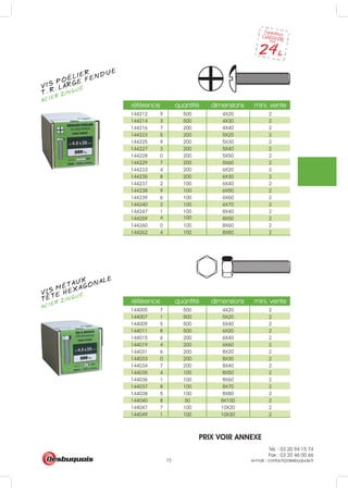 Tél. : 03 20 94 15 74
Fax : 03 20 46 00 66
e-mail : contact@desbuquois.fr73
référence quantité dimensions mini. vente
144212 9 500 4X20 2
144214 3 500 4X30 2
144216 7 200 4X40 2
144223 5 200 5X20 2
144225 9 200 5X30 2
144227 3 200 5X40 2
144228 0 200 5X50 2
144229 7 200 5X60 2
144233 4 200 6X20 2
144235 8 200 6X30 2
144237 2 100 6X40 2
144238 9 100 6X50 2
144239 6 100 6X60 2
144240 2 100 6X70 2
144247 1 100 8X40 2
144259 8X50 2
144260 0 100 8X60 2
144262 4 100
4 100
8X80 2
référence quantité dimensions mini. vente
144005 7 500 4X20 2
144007 1 500 5X20 2
144009 5 500 5X40 2
144011 8 500 6X20 2
144015 6 200 6X40 2
144019 4 200 6X60 2
144031 6 200 8X20 2
144033 0 200 8X30 2
144034 7 200 8X40 2
144035 4 100 8X50 2
144036 1 100 8X60 2
144037 8 100 8X70 2
144038 5 100 8X80 2
144040 8 50 8X100 2
144047 7 100 10X20 2
144049 1 100 10X30 2
VIS POELIER
ACIER ZINGUÉ
T. R. LARGE FENDUE
VIS MÉTAUX
ACIER ZINGUÉ
TETE HEXAGONALE
PRIX VOIR ANNEXE
..
 