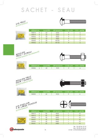 Tél. : 03 20 94 15 74
Fax : 03 20 46 00 66
e-mail : contact@desbuquois.fr76
référence quantité dimensions code prix mini. vente
198915 0 60 6X40 P 6
198919 8 60 6X60 P 6
198936 5 30 8X60 P 6
198938 9 30 8X80 P 6
198940 2 25 8X100 P 6
198942 6 20 8X120 P 6
référence quantité dimensions code prix mini. vente
198982 2 20 7X70 P 6
référence quantité dimensions code prix mini. vente
198992 1 20 7X70 P 6
référence quantité dimensions code prix mini. vente
198412 4 50 4X20 I 10
198416 2 50 4X40 I 10
198433 9 40 6X20 I 10
198437 7 40 6X40 I 10
198439 1 30 6X60 I 10
198441 4 20 6X80 I 10
S A C H E T - S E A U
VIS TRCC
ACIER ZINGUÉ
BOULON
ACIER ZINGUÉ BICHROMATÉ
TRCC + ÉCROU
BOULON TRCC
ACIER ZINGUÉ NOIR
NOIR + ÉCROU
VIS POELIER
ACIER ZINGUÉ
T. R. LARGE FENDUE..
 