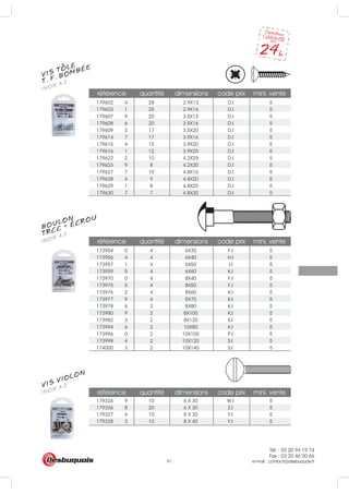 Tél. : 03 20 94 15 74
Fax : 03 20 46 00 66
e-mail : contact@desbuquois.fr91
référence quantité dimensions code prix mini. vente
179602 4 28 2.9X13 D.I 5
179603 1 25 2.9X16 D.I 5
179607 9 20 3.5X13 D.I 5
179608 6 20 3.5X16 D.I 5
179609 3 17 3.5X20 D.I 5
179614 7 17 3.9X16 D.I 5
179615 4 15 3.9X20 D.I 5
179616 1 12 3.9X25 D.I 5
179622 2 10 4.2X25 D.I 5
179623 9 8 4.2X30 D.I 5
179627 7 10 4.8X16 D.I 5
179628 4 9 4.8X20 D.I 5
179629 1 8 4.8X25 D.I 5
179630 7 7 4.8X30 D.I 5
référence quantité dimensions code prix mini. vente
173954 0 4 6X30 F.I 5
173956 4 4 6X40 H.I 5
173957 1 4 6X50 I.I 5
173959 5 4 6X60 K.I 5
173970 0 4 8X40 F.I 5
173975 5 4 8X50 F.I 5
173976 2 4 8X60 K.I 5
173977 9 4 8X70 K.I 5
173978 6 3 8X80 K.I 5
173980 9 2 8X100 K.I 5
173982 3 2 8X120 S.I 5
173994 6 2 10X80 K.I 5
173996 0 2 10X100 P.I 5
173998 4 2 10X120 S.I 5
174000 3 2 10X140 S.I 5
référence quantité dimensions code prix mini. vente
179327 6 10 8 X 30 Y.I 5
179328 3 10 8 X 40 Y.I 5
179336 8 20 6 X 30 Z.I 5
179326 9 10 6 X 30 W.I 5
VIS TOLE
INOX A.2T. F. BOMBÉE
BOULON
INOX A.2TRCC + ÉCROU
INOX A.2VIS VIOLON
 