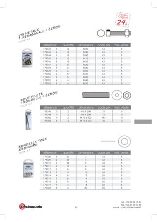 Tél. : 03 20 94 15 74
Fax : 03 20 46 00 66
e-mail : contact@desbuquois.fr93
référence quantité dimensions code prix mini. vente
179742 7 14 5X20 K.I 5
179743 4 12 5X30 K.I 5
179744 1 13 5X40 K.I 5
179745 8 13 6X16 K.I 5
179746 5 10 6X20 K.I 5
179747 2 8 6X30 K.I 5
179748 9 6 6X40 K.I 5
179749 6 6 6X50 K.I 5
179750 2 5 8X20 K.I 5
179751 9 5 8X30 K.I 5
179752 6 4 8X40 K.I 5
179753 3 4 8X50 K.I 5
référence quantité dimensions code prix mini. vente
179708 3 50 3 A.I 5
179709 0 35 4 A.I 5
179710 6 22 5 A.I 5
179711 3 16 6 A.I 5
179712 0 8 8 A.I 5
179713 7 4 10 A.I 5
179714 4 8 12 D.I 5
179715 1 6 14 D.I 5
179718 2 5 16 D.I 5
179719 9 4 18 D.I 5
179720 5 4 20 D.I 5
référence quantité dimensions code prix mini. vente
179346 7 2 M 6 X 200 T.I 5
179348 1 2 M 8 X 200 T.I 5
179350 4 2 M 10 X 200 W.I 5
179352 8 2 M 12 X 200 X.I 5
VIS MÉTAUX
INOX A.2T. HEXAGONALE + ÉCROU
RONDELLE TOLE
INOX A.2ORDINAIRE
BOUT FILETÉ
INOX A.2+ RONDELLE + ÉCROU
 