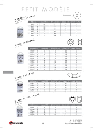 Tél. : 03 20 94 15 74
Fax : 03 20 46 00 66
e-mail : contact@desbuquois.fr94
référence quantité dimensions code prix mini. vente
179700 7 45 3 G.I 5
179701 4 32 4 G.I 5
179702 1 25 5 G.I 5
179703 8 17 6 G.I 5
179704 5 9 8 G.I 5
179705 2 4 10 G.I 5
179706 9 3 12 G.I 5
179707 6 2 14 G.I 5
179721 2 2 16 G.I 5
179722 9 2 18 G.I 5
179723 6 2 20 G.I 5
référence quantité dimensions code prix mini. vente
179684 0 3 4 H.I 5
179685 7 3 5 H.I 5
179686 4 2 6 H.I 5
179688 8 1 8 H.I 5
179690 1 1 10 H.I 5
référence quantité dimensions code prix mini. vente
179664 2 6 4 E.I 5
179665 9 6 5 E.I 5
179666 6 5 6 E.I 5
179668 0 3 8 E.I 5
179670 3 2 10 E.I 5
référence quantité dimensions code prix mini. vente
179304 7 45 4 E.I 5
179305 4 30 5 E.I 5
179306 1 20 6 E.I 5
179308 5 10 8 E.I 5
179310 8 5 10 E.I 5
179312 2 3 12 E.I 5
179314 6 3 14 E.I 5
P E T I T M O D È L E
ÉCROU HEXAGONAL
INOX A.2
INOX A.2ÉCROU A AILETTES
ÉCROU AUTOBLOQUANT
INOX A.26 PANS
RONDELLE
INOX A.2CARROSSIER LARGE
 
