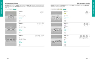 Housing Lathed aluminium Finishing Hair-Line-Surface Driver Separate driver 220V 50Hz Mounting
Recessed T-bar or Concealed ceiling

RSAL 82-1

•

š

•

Ÿ
‰

ˆ
‹

Š

–

LED Module
9W

Replacement
MR16
35W 50W

Replacement
MR16
50W

RSAM 82-2

RSAL 82-2

…

„

‘
‡
’

Replacement
MR16
50W

RSAL 82-3
˜

RSAM 82-3

“

…

LED Module
9W

Replacement
MR16
35W 50W

”

†

LED-MR16/GX5.3
6W 10W (Lamp Watt)



Œ

˜

˜

Ž

™

LED Module
9W

Replacement
MR16
35W 50W

˜



LED-MR16/GX5.3
6W 10W (Lamp Watt)

48

‘



LED-MR16/GX5.3
6W 10W (Lamp Watt)

—

ž

RSAM 82-1

›

Housing Lathed aluminium Finishing Hair-Line-Surface Control gear Separate magnetic or electronic
transformer 220V 50Hz Mounting Recessed T-bar or Concealed ceiling *See photometric data on
page 172

Replacement
MR16
50W

49

Downlight . Indoor Light

Multi-Recessed Luminaire

œ

Downlight . Indoor Light

Multi-Recessed Luminaire

 