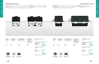 RSAM 95D-1, 2, 3, 22

¯
¥
´

³

¢

®

RSAM 95-1, 2, 3, 22

®

¢

³

«
¯
¤
­

¬

£

®

¥
¨

«

·

¶

µ

Replacement
MR16
50W

LED Module
9W

Replacement
MR16
50W

¢

¢

¡

 

 

­

¬

§

¦

¤

£

¢

¡

 

 

«

¸
º

*Separate driver 220V 50Hz

¹

¸

*Separate driver 220V 50Hz
Honeycomb

50

Filter

Cross louver

¹

©

®

¢

°

RSAL 95D-1, 2, 3, 22*

º

©

«

LED Module
9W

Replacement
MR16
35W 50W
µ

±

¬

RSAL 95-1, 2, 3, 22*

LED-MR16/GX5.3
6W 10W
(Lamp Watt)

¶

²

Replacement
MR16
35W 50W

·

ª
­

LED-MR16/GX5.3
6W 10W
(Lamp Watt)

Honeycomb

Filter

Cross louver

51

Downlight . Indoor Light

Housing Painted steel frame, die-cast aluminium lamp head Finishing Powder coated in white
Control gear Separate magnetic or electronic transformer 220V 50Hz Mounting Recessed T-bar or
Concealed ceiling *See photometric data on page 172

¬

Housing Painted steel frame, die-cast aluminium lamp head Finishing Powder coated in white Control
gear Separate magnetic or electronic transformer 220V 50Hz Mounting Recessed T-bar or Concealed
ceiling (Recessed depth 75 mm.) *See photometric data on page 172

­

Downlight . Indoor Light

Multi-Recessed Luminaire

Multi-Recessed Luminaire

 
