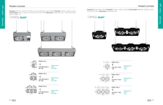 Housing Painted steel frame Finishing Powder coated in black Control gear Separate magnetic transformer 220V 50Hz Mounting Suspension wire


!

PSAQ 165-1

%

#

¦

(

¢

¡

£

 

 
¨

0


©

¨

©



§


4


3

2

4

6













1

94

LED-QR111/G53
15W

3

Replacement
MR16
35W 50W

Replacement
QR111
75W

Replacement
QR111
75W

PSAQ 165-3

5

LED-MR16/GX5.3
6W 10W



)



PSAM 125-3

'

(

Replacement
MR16
35W 50W

LED-QR111/G53
15W

PSAQ 165-2



¤

LED-MR16/GX5.3
6W 10W

#



¥

PSAM 125-2

$

Replacement
MR16
35W 50W

#

LED-MR16/GX5.3
6W 10W

$



PSAM 125-1

LED-QR111/G53
15W

Replacement
QR111
75W

95

Downlight . Indoor Light
Downlight . Indoor Light

Housing Extrusion aluminium frame, die-cast aluminium lamp head Finishing powder coated in grey
Control gear Built-in electronic transformer 220V 50Hz Mounting Suspension wire *See photometric
data on page 172

!

Downlight . Indoor Light

Pendant Luminaire

Pendant Luminaire

 