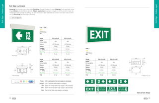 Exit Sign . Indoor Light

Housing Die-formed cold rolled steel Finishing Powder coated in white Changer Fully automatic solid
stage Battery Nickle Metal Hydride Safety protection Low-high voltage cut-off to protect under discharge and over charge of battrey. AC and DC fuse is well prepared to protect input and output short
circuit Mounting Recessed and Surface

ESL* / ERL**
LED Module
5W

Model

ESL/S-5LED

ESL/D-5LED

5W

5W

Source

LED Module

LED Module

Battery

2.2AH

2.2AH

Duration
(+/- 10%)

2.0 hrs.

2.0 hrs.

Mounting

Surface

Surface

Single

Double

ERL/S-5LED

ERL/D-5LED

5W

5W

Source

LED Module

LED Module

Battery

2.2AH

2.2AH

Power
Consumption

Ÿ
œ

ž

Ÿ

 

Ÿ

ž

 

EWL***



Side

¢

¡

œ

›

ž

LED Module
5W

*Surface
¯

EWL/D-5LED

LED Module
2.2AH
2.0 hrs.

Wall mount

Wall mount

Single

Double

¬

2.0 hrs.

­

2.2AH

®

LED Module

Battery

±

Source

°

ª
¥
ª

©

¨
¦

Single

Double

­

Mounting

±

Recessed

¬

Recessed

®

Mounting

®

¦

¯

2.0 hrs.

®

2.0 hrs.

Duration
(+/- 10%)

®

Duration
(+/- 10%)

²

¨

¥

©

§

¦

¦

¥

¤

£

©

¯
«

§

**Recessed

¬

5W

Power
Consumption

®

5W

°

EWL/S-5LED

®

Power
Consumption

Model

¯

Model

°

Exit Sign . Indoor Light

Exit Sign Luminaire

Side

Side

***Wall mount

Power: LED is activated while main supply is connected
Charge: LED is activated while battery is charging
ON: Switch on the light while main supply is disconnected
OFF: Switch off the light while main supply is disconnected
Test: Push to test while main supply is connected

Various face design

104

105

 