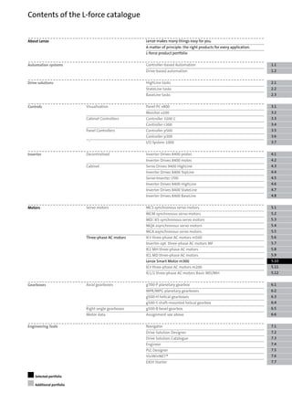 Lenze makes many things easy for you.About Lenze
A matter of principle: the right products for every application.
L-force product portfolio
1.1Controller-based AutomationAutomation systems
1.2Drive-based automation
2.1HighLine tasksDrive solutions
2.2StateLine tasks
2.3BaseLine tasks
3.1Panel PC v800VisualisationControls
3.2Monitor v200
3.3Controller 3200 CCabinet Controllers
3.4Controller c300
3.5Controller p500Panel Controllers
3.6Controller p300
3.7I/O System 1000'
4.1Inverter Drives 8400 protecDecentralisedInverter
4.2Inverter Drives 8400 motec
4.3Servo Drives 9400 HighLineCabinet
4.4Inverter Drives 8400 TopLine
4.5Servo-Inverter i700
4.6Inverter Drives 8400 HighLine
4.7Inverter Drives 8400 StateLine
4.8Inverter Drives 8400 BaseLine
5.1MCS synchronous servo motorsServo motorsMotors
5.2MCM synchronous servo motors
5.3MD☐KS synchronous servo motors
5.4MQA asynchronous servo motors
5.5MCA asynchronous servo motors
5.6IE3 three-phase AC motors m500Three-phase AC motors
5.7Inverter opt. three-phase AC motors MF
5.8IE2 MH three-phase AC motors
5.9IE1 MD three-phase AC motors
5.10Lenze Smart Motor m300
5.11IE3 three-phase AC motors m200
5.12IE1/2 three-phase AC motors Basic MD/MH
6.1g700-P planetary gearboxAxial gearboxesGearboxes
6.2MPR/MPG planetary gearboxes
6.3g500-H helical gearboxes
6.4g500-S shaft-mounted helical gearbox
6.5g500-B bevel gearboxRight-angle gearboxes
6.6Assignment see aboveMotor data
7.1NavigatorEngineering Tools
7.2Drive Solution Designer
7.3Drive Solution Catalogue
7.4Engineer
7.5PLC Designer
7.6VisiWinNET®
7.7EASY Starter
Selected portfolio
Additional portfolio
Contents of the L-force catalogue
 