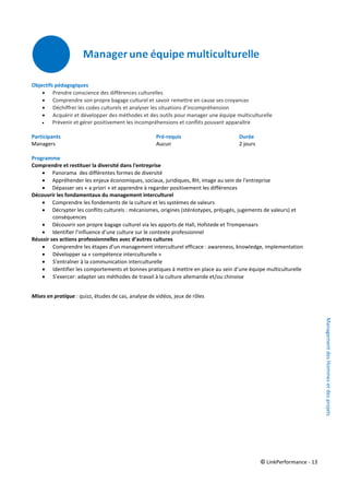 © LinkPerformance - 13
Objectifs pédagogiques
 Prendre conscience des différences culturelles
 Comprendre son propre bagage culturel et savoir remettre en cause ses croyances
 Déchiffrer les codes culturels et analyser les situations d’incompréhension
 Acquérir et développer des méthodes et des outils pour manager une équipe multiculturelle
 Prévenir et gérer positivement les incompréhensions et conflits pouvant apparaître
Participants Pré-requis Durée
Managers Aucun 2 jours
Programme
Comprendre et restituer la diversité dans l'entreprise
 Panorama des différentes formes de diversité
 Appréhender les enjeux économiques, sociaux, juridiques, RH, image au sein de l’entreprise
 Dépasser ses « a priori » et apprendre à regarder positivement les différences
Découvrir les fondamentaux du management interculturel
 Comprendre les fondements de la culture et les systèmes de valeurs
 Décrypter les conflits culturels : mécanismes, origines (stéréotypes, préjugés, jugements de valeurs) et
conséquences
 Découvrir son propre bagage culturel via les apports de Hall, Hofstede et Trompenaars
 Identifier l’influence d’une culture sur le contexte professionnel
Réussir ses actions professionnelles avec d’autres cultures
 Comprendre les étapes d’un management interculturel efficace : awareness, knowledge, implementation
 Développer sa « compétence interculturelle »
 S’entraîner à la communication interculturelle
 Identifier les comportements et bonnes pratiques à mettre en place au sein d’une équipe multiculturelle
 S’exercer: adapter ses méthodes de travail à la culture allemande et/ou chinoise
Mises en pratique : quizz, études de cas, analyse de vidéos, jeux de rôles
ManagementdesHommesetdesprojets
 