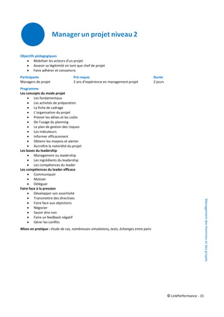 © LinkPerformance - 15
Objectifs pédagogiques
 Mobiliser les acteurs d'un projet
 Asseoir sa légitimité en tant que chef de projet
 Faire adhérer et convaincre
Participants Pré-requis Durée
Managers de projet 2 ans d’expérience en management projet 2 jours
Programme
Les concepts du mode projet
 Les fondamentaux
 Les activités de préparation
 La fiche de cadrage
 L’organisation du projet
 Prévoir les délais et les coûts
 De l’usage du planning
 Le plan de gestion des risques
 Les indicateurs
 Informer efficacement
 Obtenir les moyens et alerter
 Accroître la notoriété du projet
Les bases du leadership
 Management ou leadership
 Les ingrédients du leadership
 Les compétences du leader
Les compétences du leader efficace
 Communiquer
 Motiver
 Déléguer
Faire face à la pression
 Développer son assertivité
 Transmettre des directives
 Faire face aux objections
 Négocier
 Savoir dire non
 Faire un feedback négatif
 Gérer les conflits
Mises en pratique : étude de cas, nombreuses simulations, tests, échanges entre pairs
ManagementdesHommesetdesprojets
 
